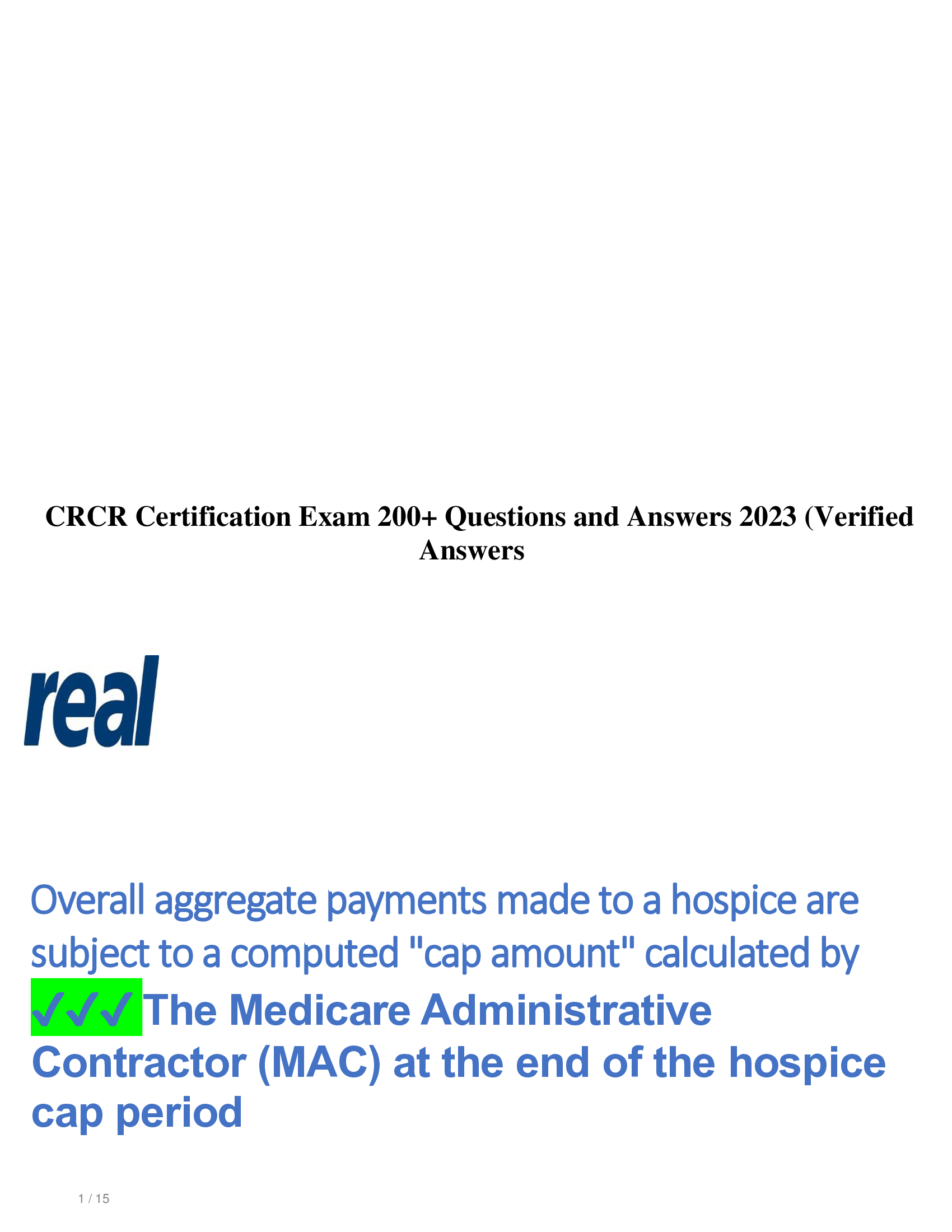 CRCR Certification Exam 200+ Questions and Answers 2023 (Verified  Answers