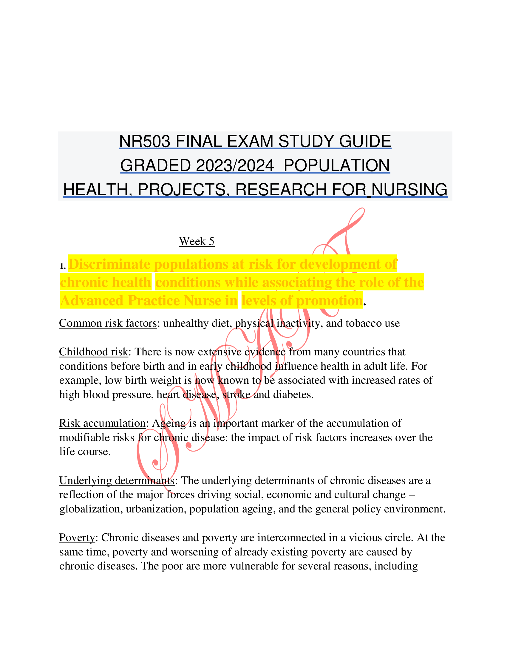 NR503 FINAL EXAM STUDY GUIDE GRADED 2023, 2024 POPULATION HEALTH, PROJECTS, RESEARCH FOR NURSING