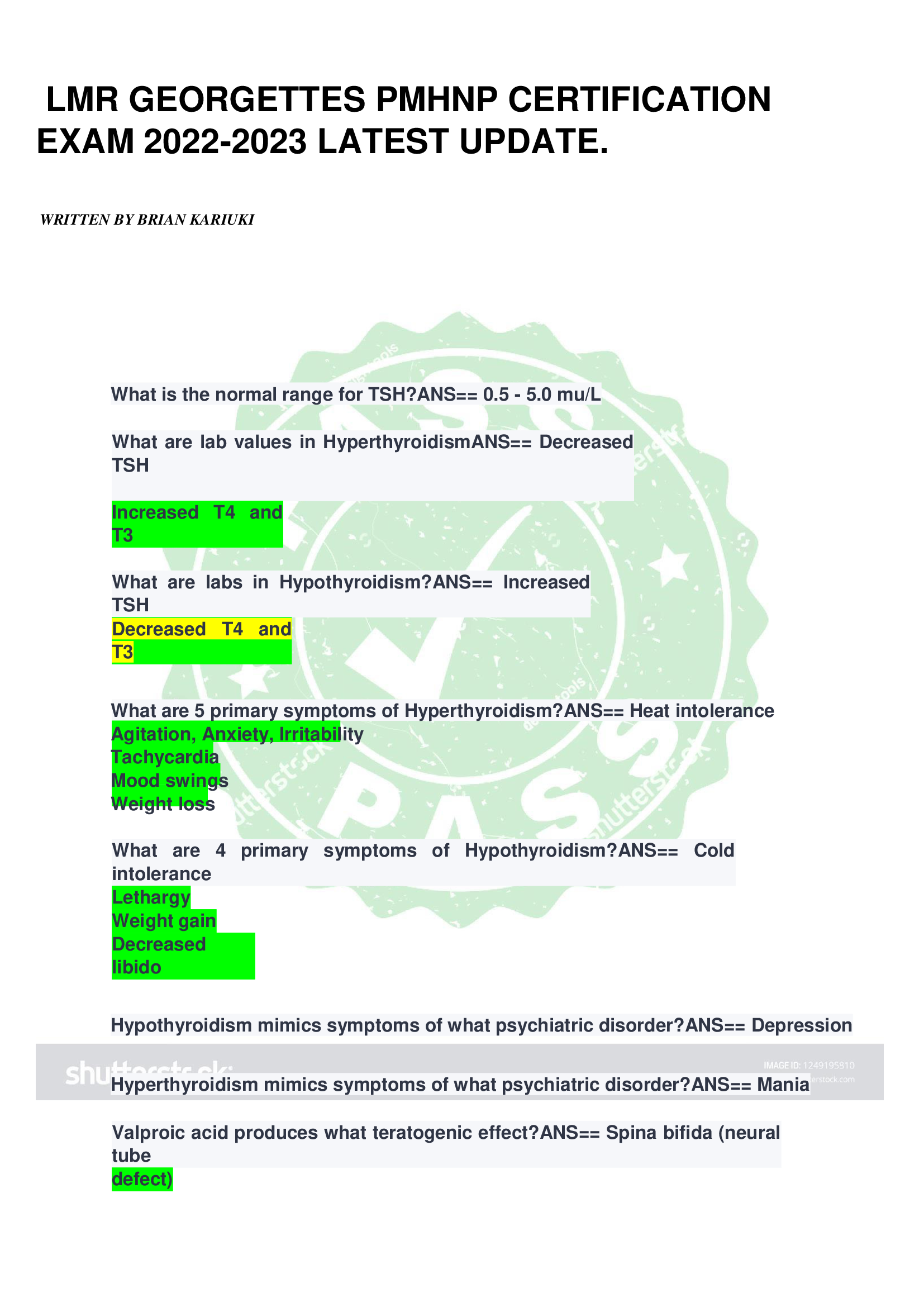 LMR GEORGETTES PMHNP CERTIFICATION  EXAM 2022-2023 LATEST UPDATE.