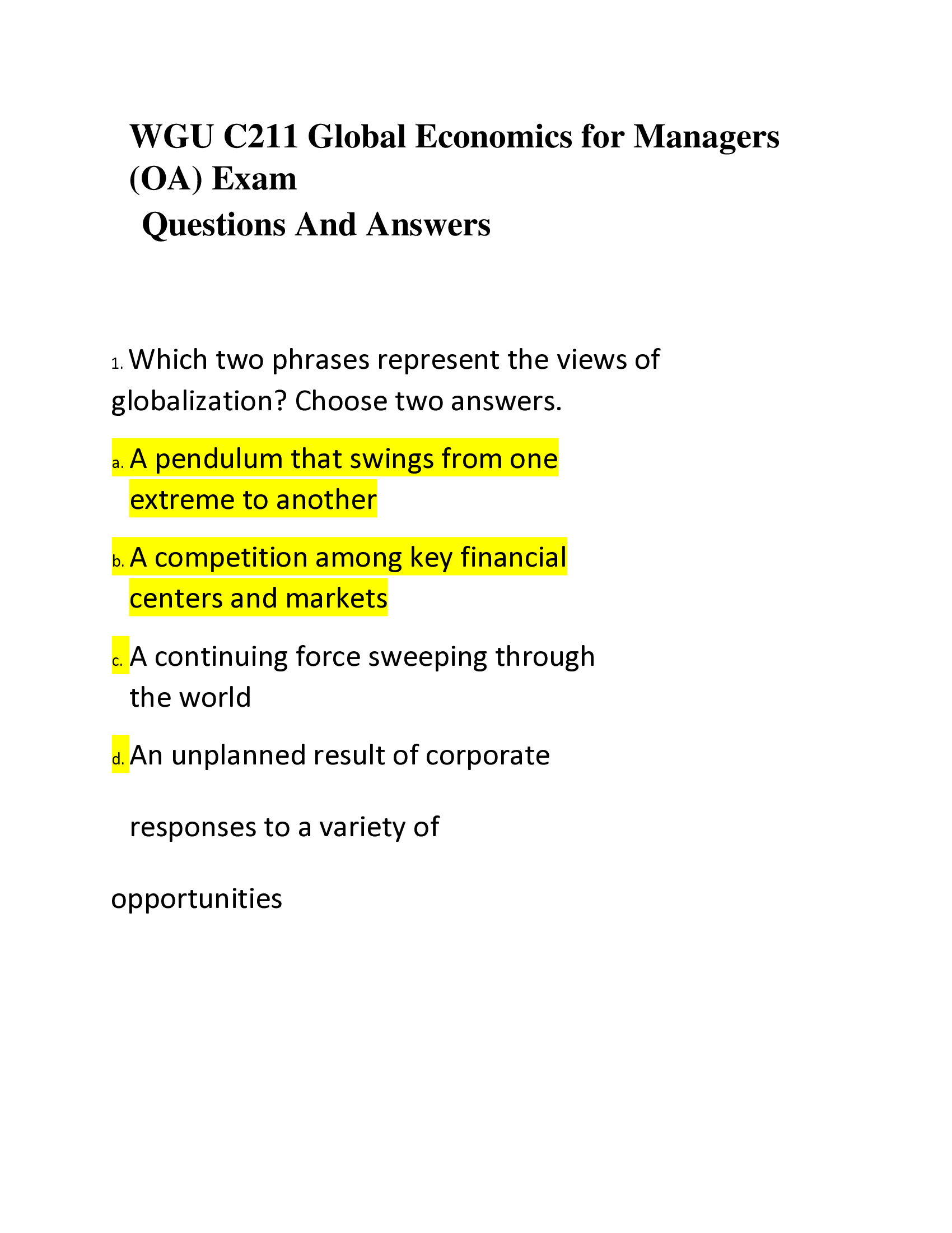 WGU C211 Global Economics for Managers (OA) Exam Questions And Answers 2026 graded A+