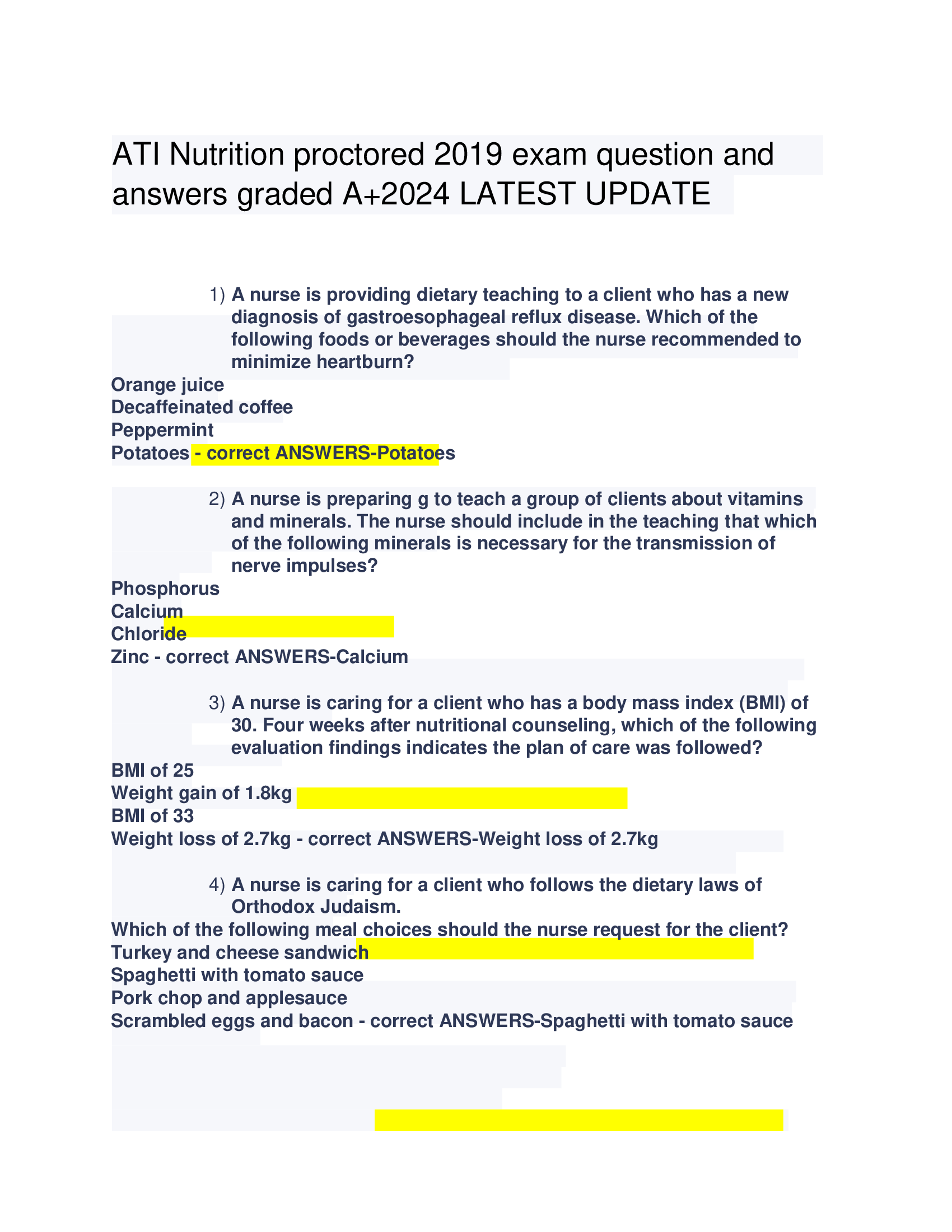 ATI Nutrition proctored 2019 exam question and answers graded A+2024 LATEST UPDATE