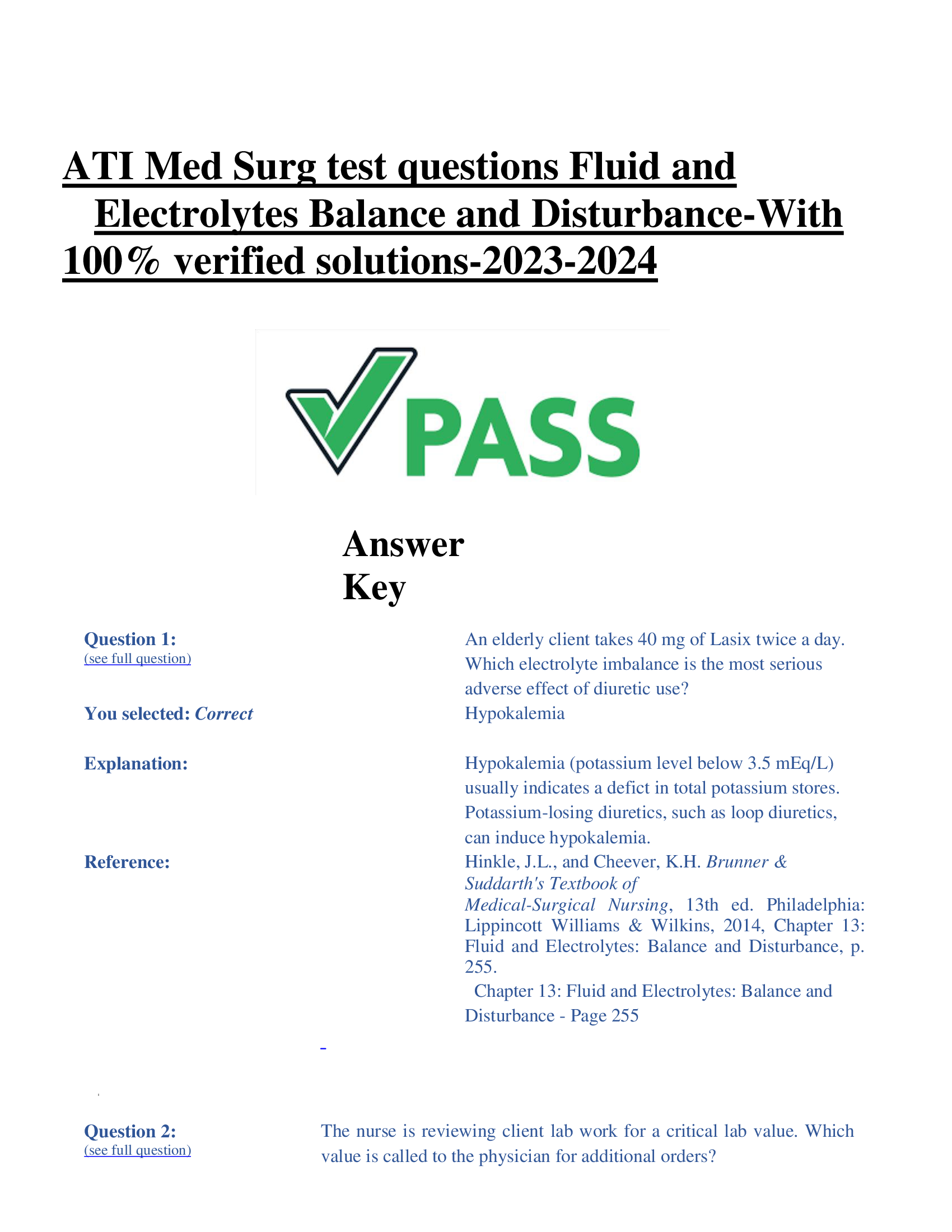 ATI Med Surg test questions Fluid and  Electrolytes Balance and Disturbance-With  100% verified solutions-2023-2024