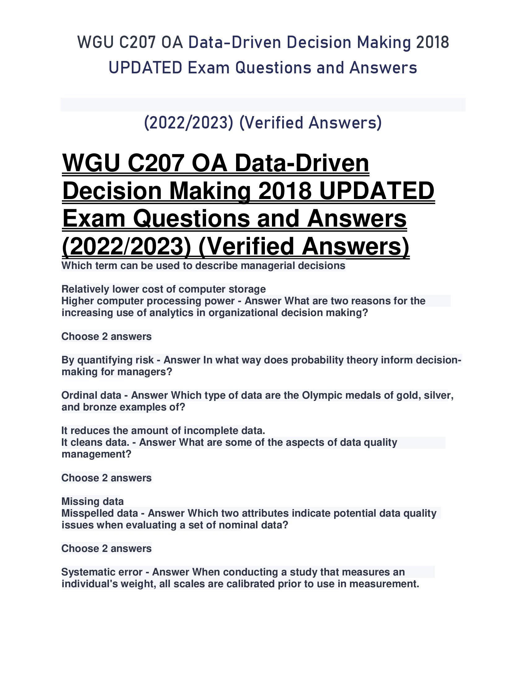 WGU C207 OA Data-Driven Decision Making 2018  UPDATED Exam Questions and Answers