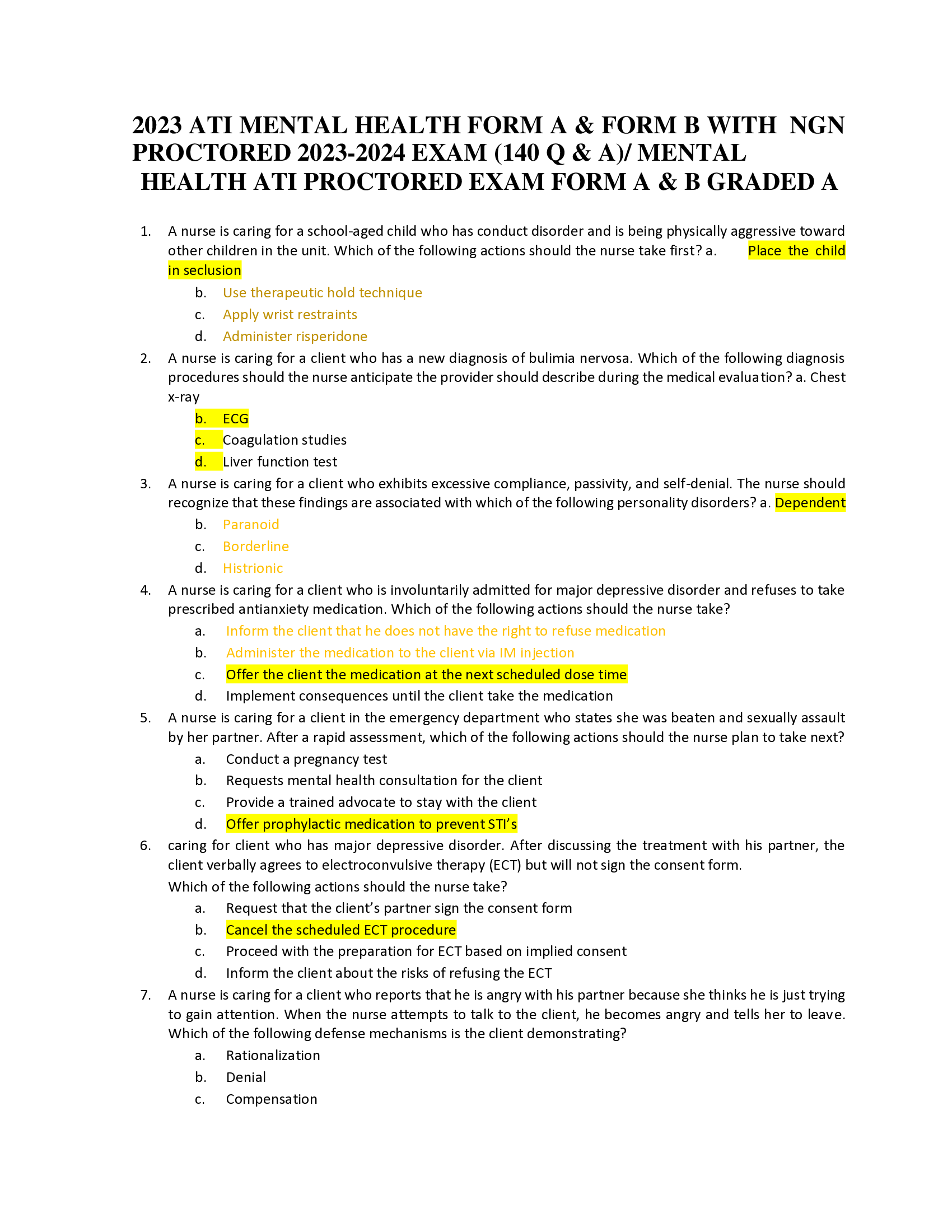 2023 ATI MENTAL HEALTH FORM A & FORM B WITH NGN  PROCTORED 2023-2024 EXAM (140 Q & A), MENTAL  HEALTH ATI PROCTORED EXAM FORM A & B GRADED A