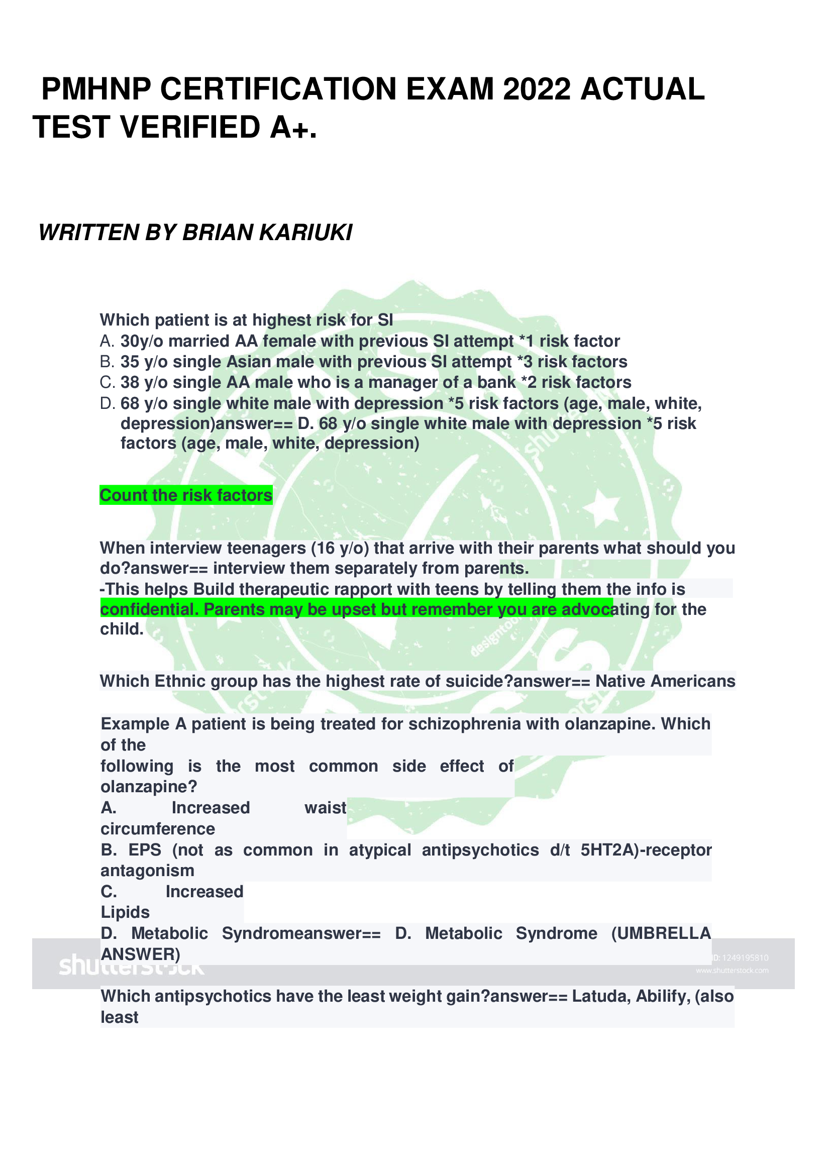 PMHNP CERTIFICATION EXAM 2022 ACTUAL  TEST VERIFIED A+.