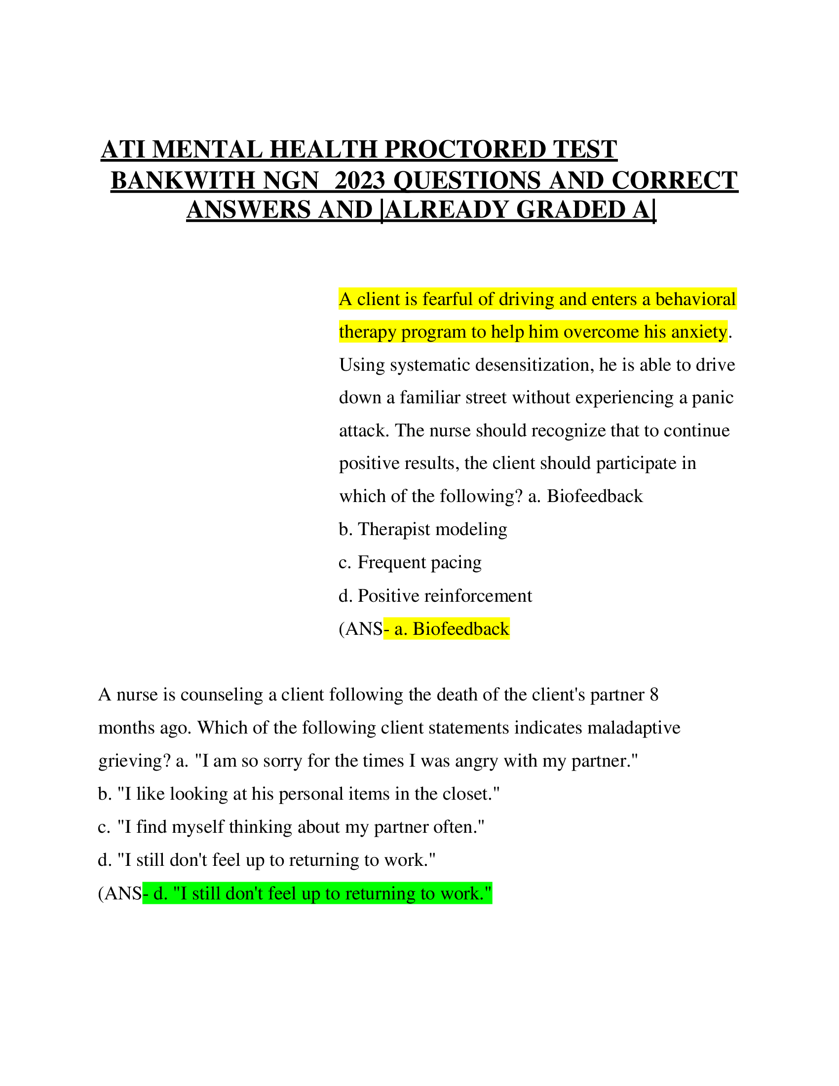 ATI MENTAL HEALTH PROCTORED TEST  BANKWITH NGN 2023 QUESTIONS AND CORRECT  ANSWERS AND |ALREADY GRADED A|