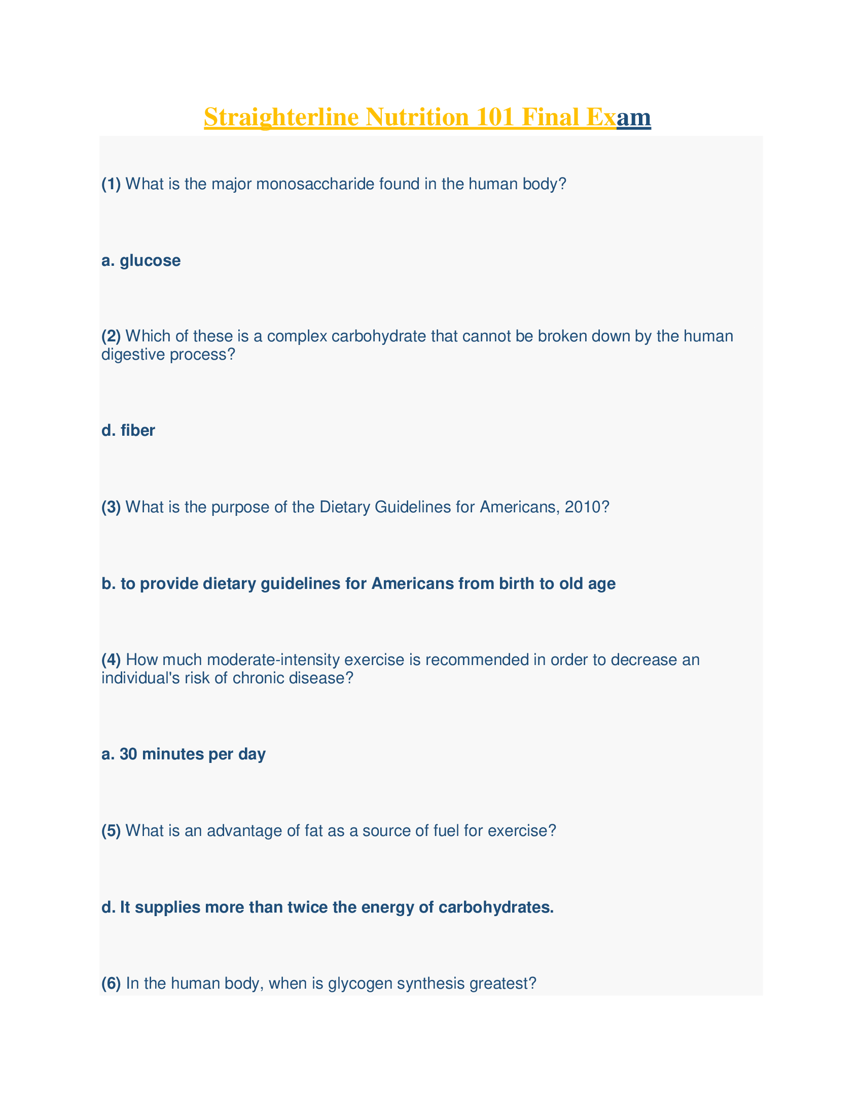 Straighterline Nutrition 101 Final Exam