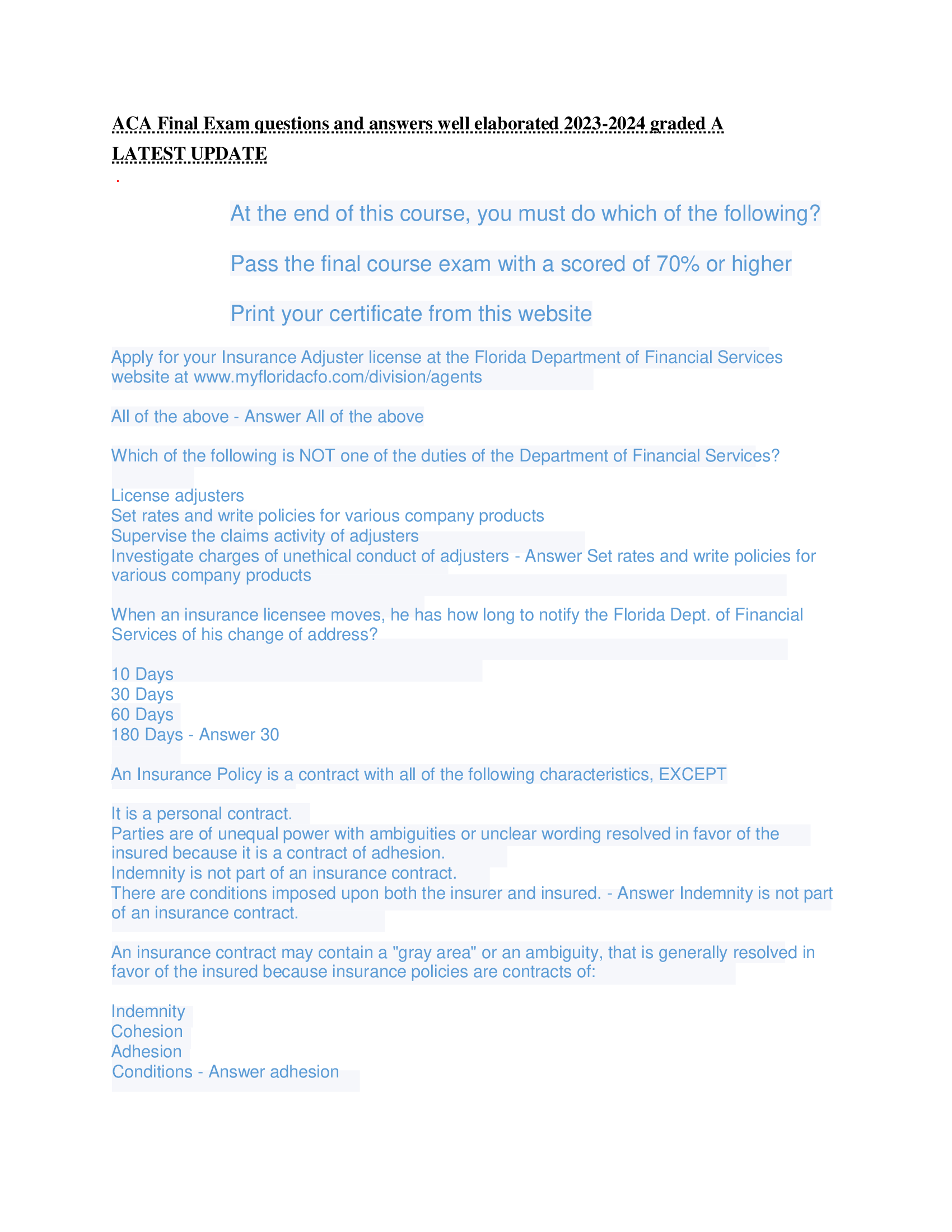 ACA Final Exam questions and answers well elaborated 2023-2024 graded A  LATEST UPDATE