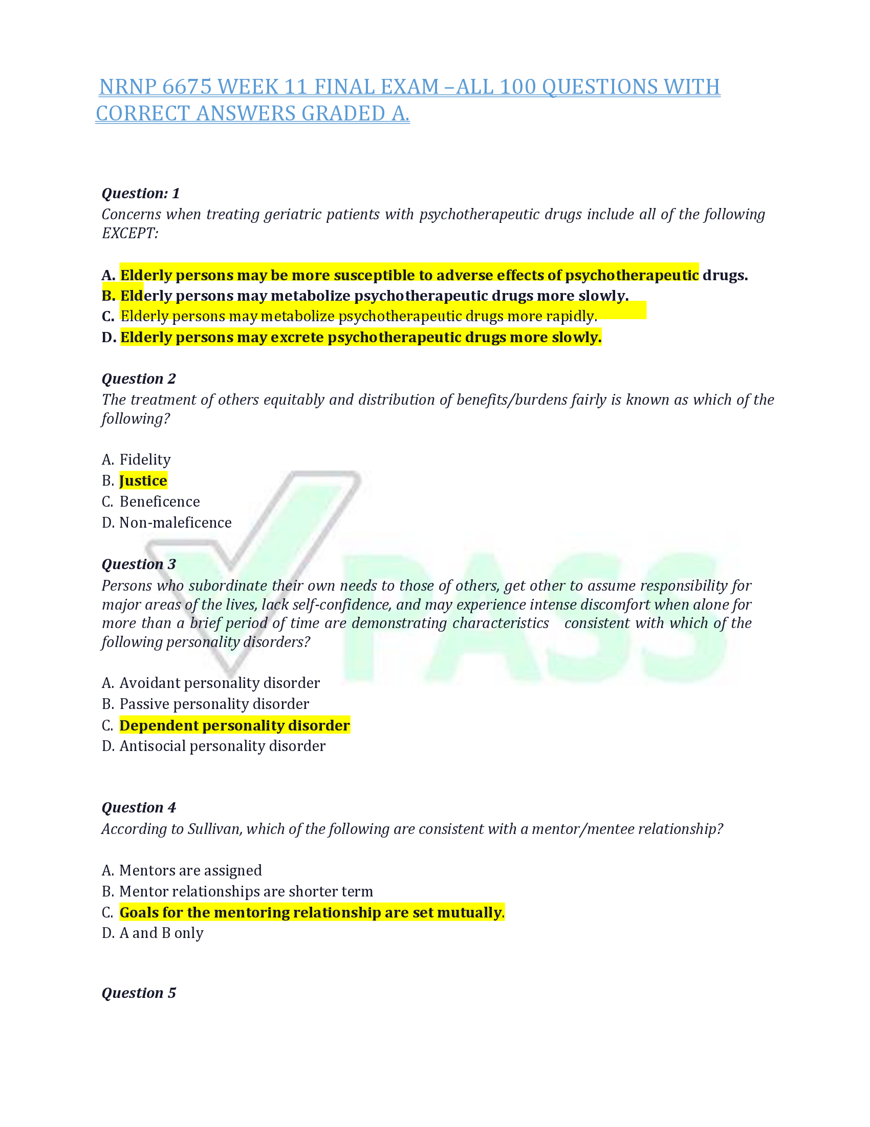 NRNP 6675 WEEK 11 FINAL EXAM –ALL 100 QUESTIONS WITH  CORRECT ANSWERS GRADED A.