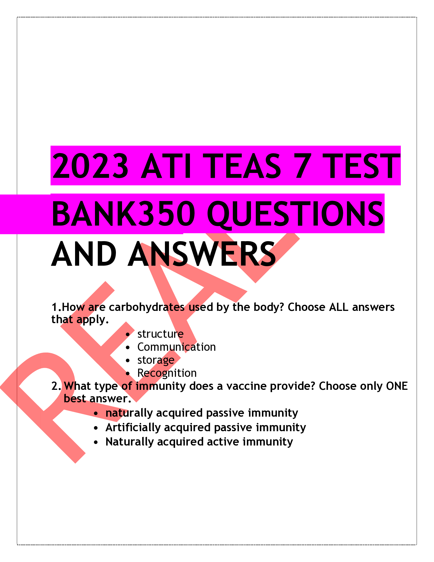 2023 ATI TEAS 7 TEST  BANK350 QUESTIONS  AND ANSWERS