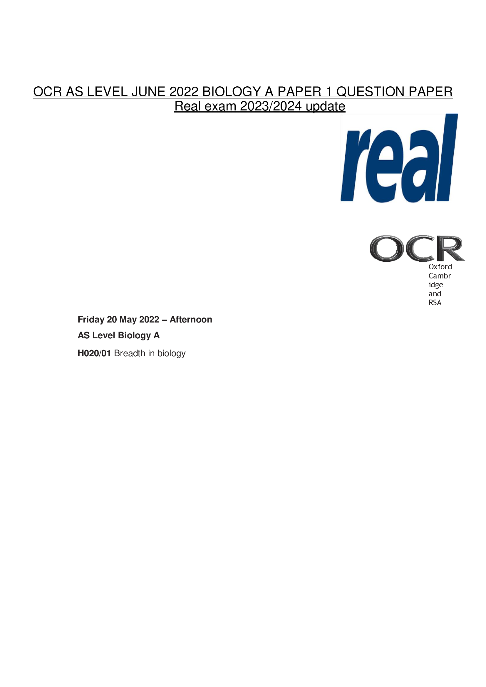 OCR AS LEVEL JUNE 2022 BIOLOGY A PAPER 1 QUESTION PAPER  Real exam 2023, 2024 update