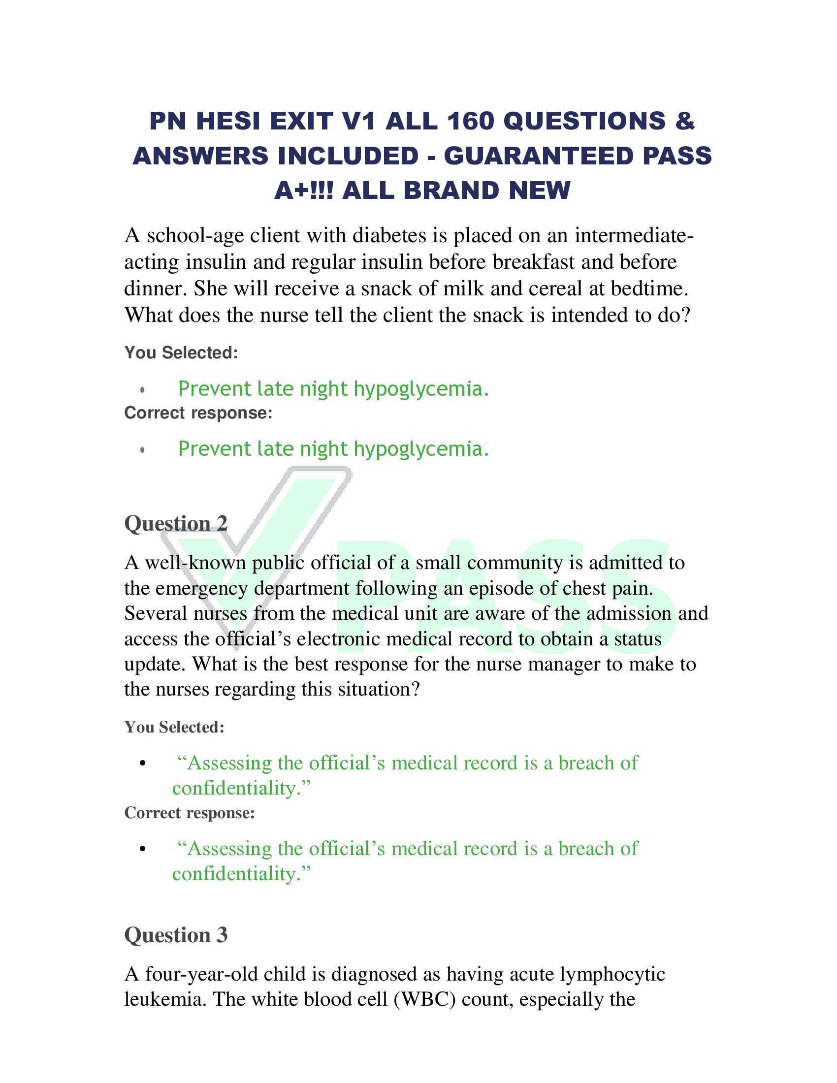 PN HESI EXIT V1 ALL 160 QUESTIONS &  ANSWERS INCLUDED - GUARANTEED PASS  A+!!! ALL BRAND NE
