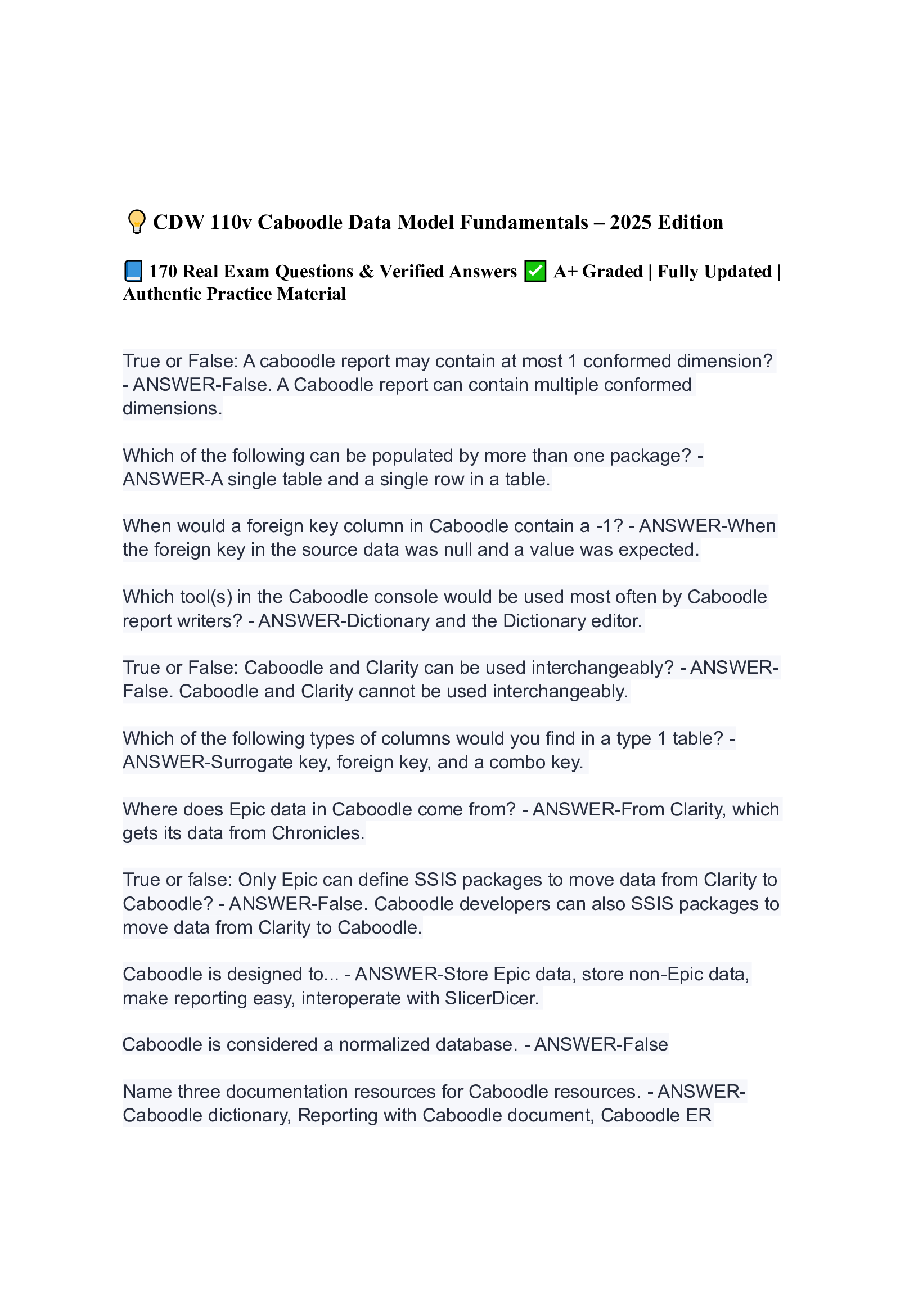 CDW 110v Caboodle Data Model Fundamentals – 2026 Edition     170 Real Exam Questions & Verified Answers    A+ Graded | Fully Updated | Authentic Practice Material