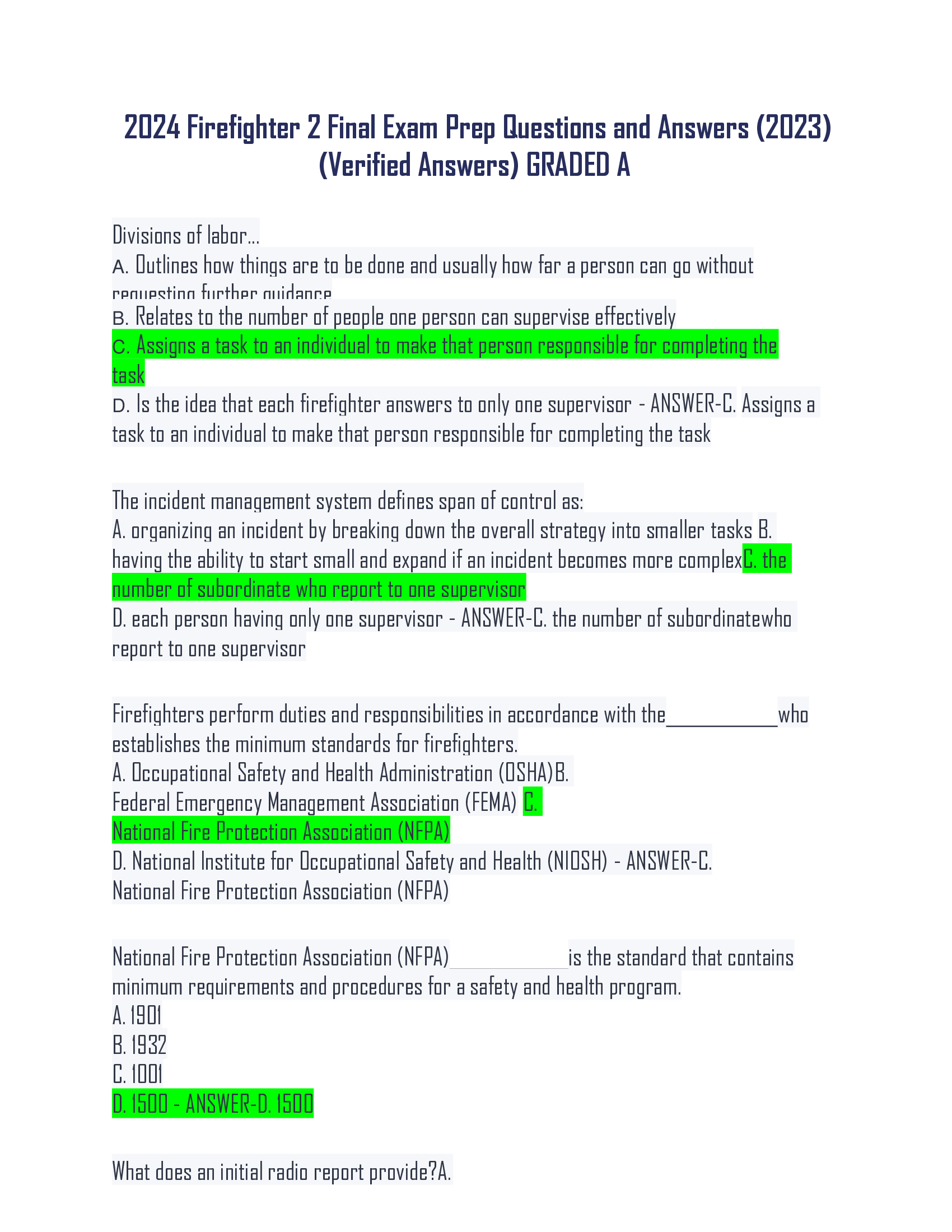 2024 Firefighter 2 Final Exam Prep Questions and Answers (2023)  (Verified Answers) GRADED A Divisions of labor... A. Outlines how things are to bedoneandusually how far apersoncan go withou