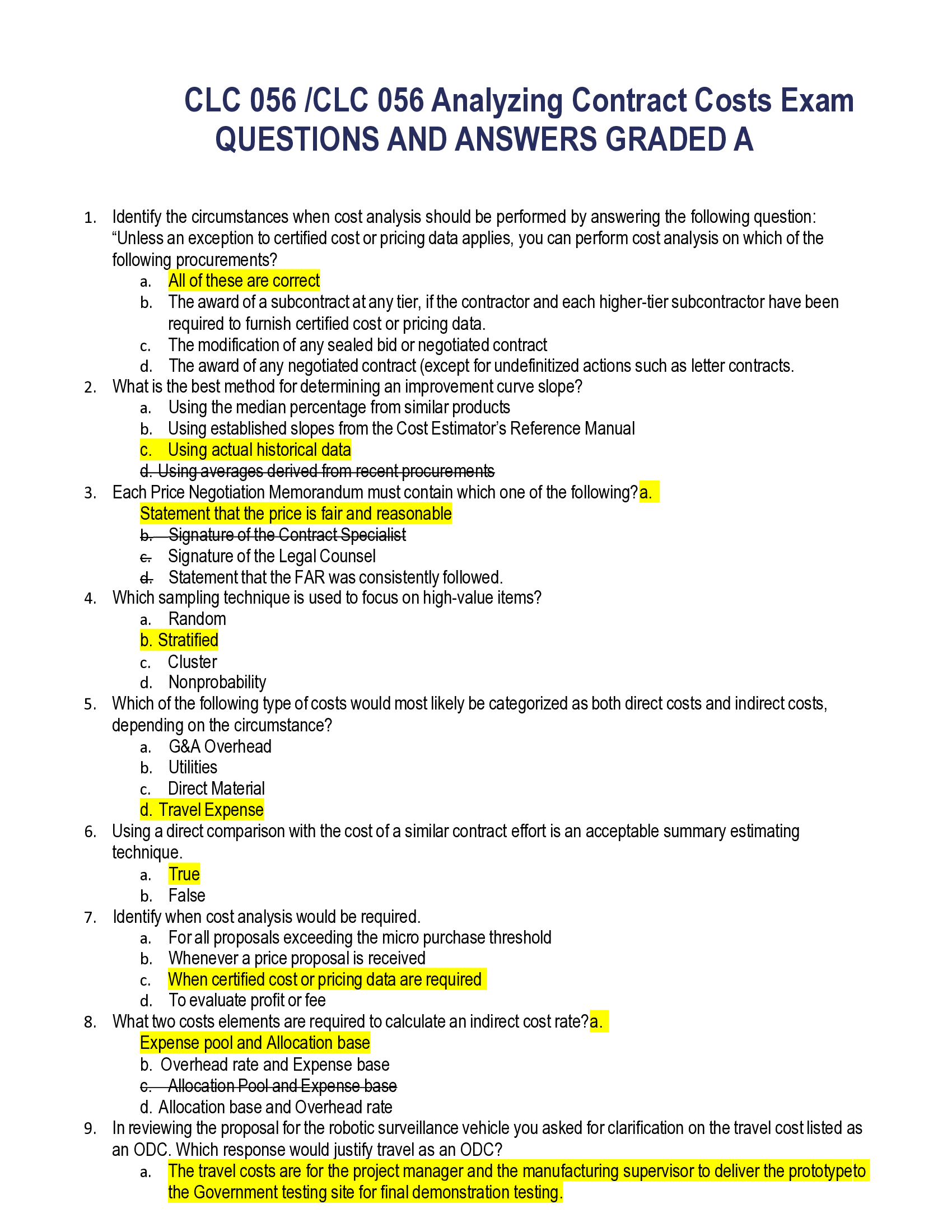 CLC 056 Analyzing Contract Costs Exam (2026) – Full Q&A Set with Verified A+ Answers