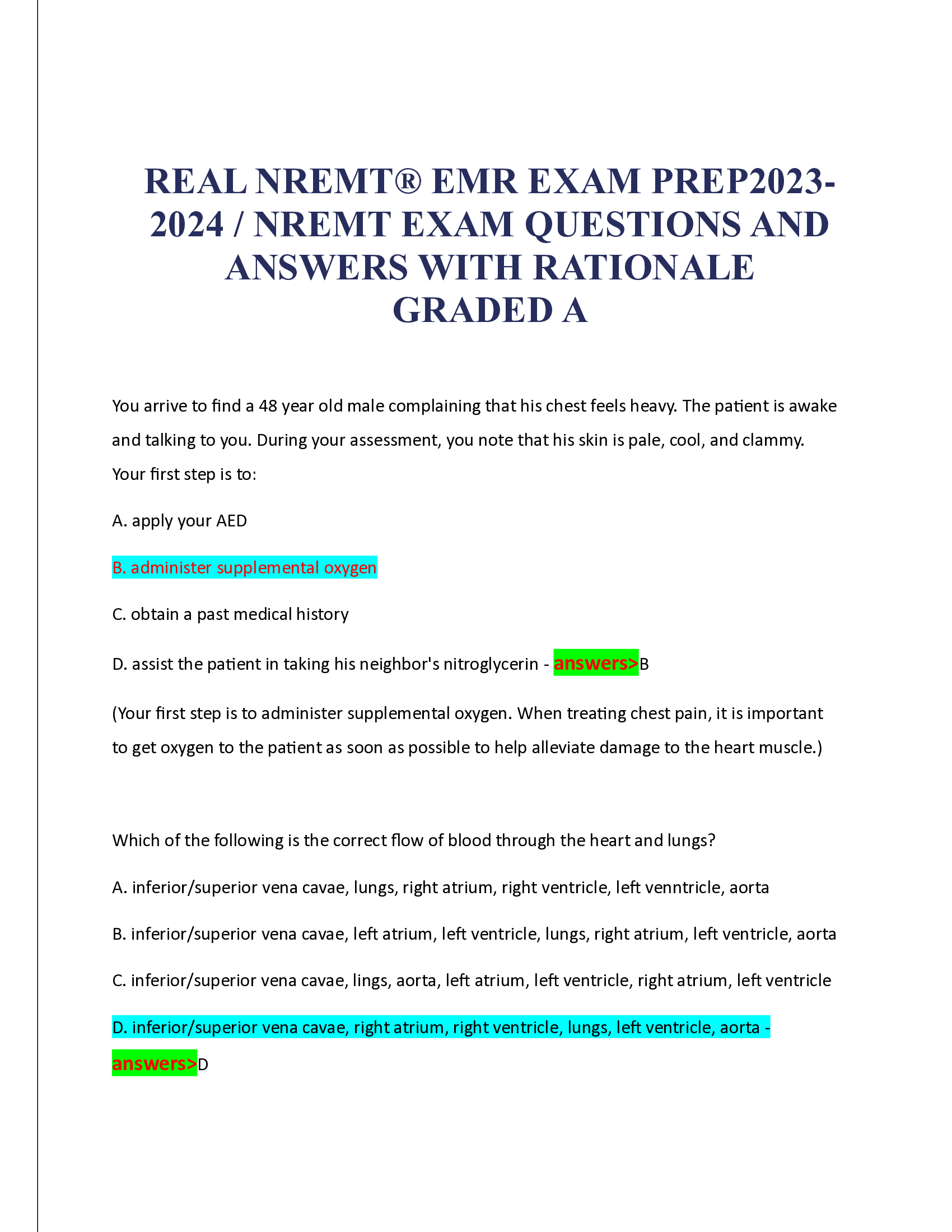 REAL NREMT® EMR EXAM PREP2023- 2024, NREMT EXAM QUESTIONS AND  ANSWERS WITH RATIONALE  GRADED