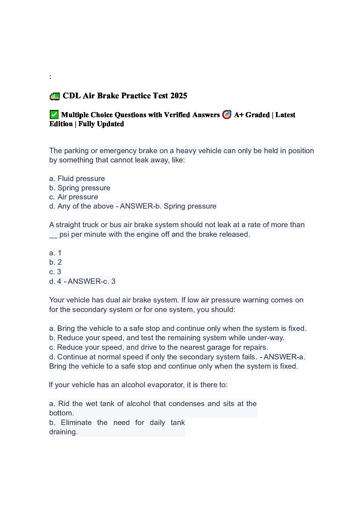 🚛 CDL Air Brake Practice Test 2026 ✅ Multiple Choice Questions with Verified Answers 🎯 A+ Graded | Latest Edition | Fully Updated