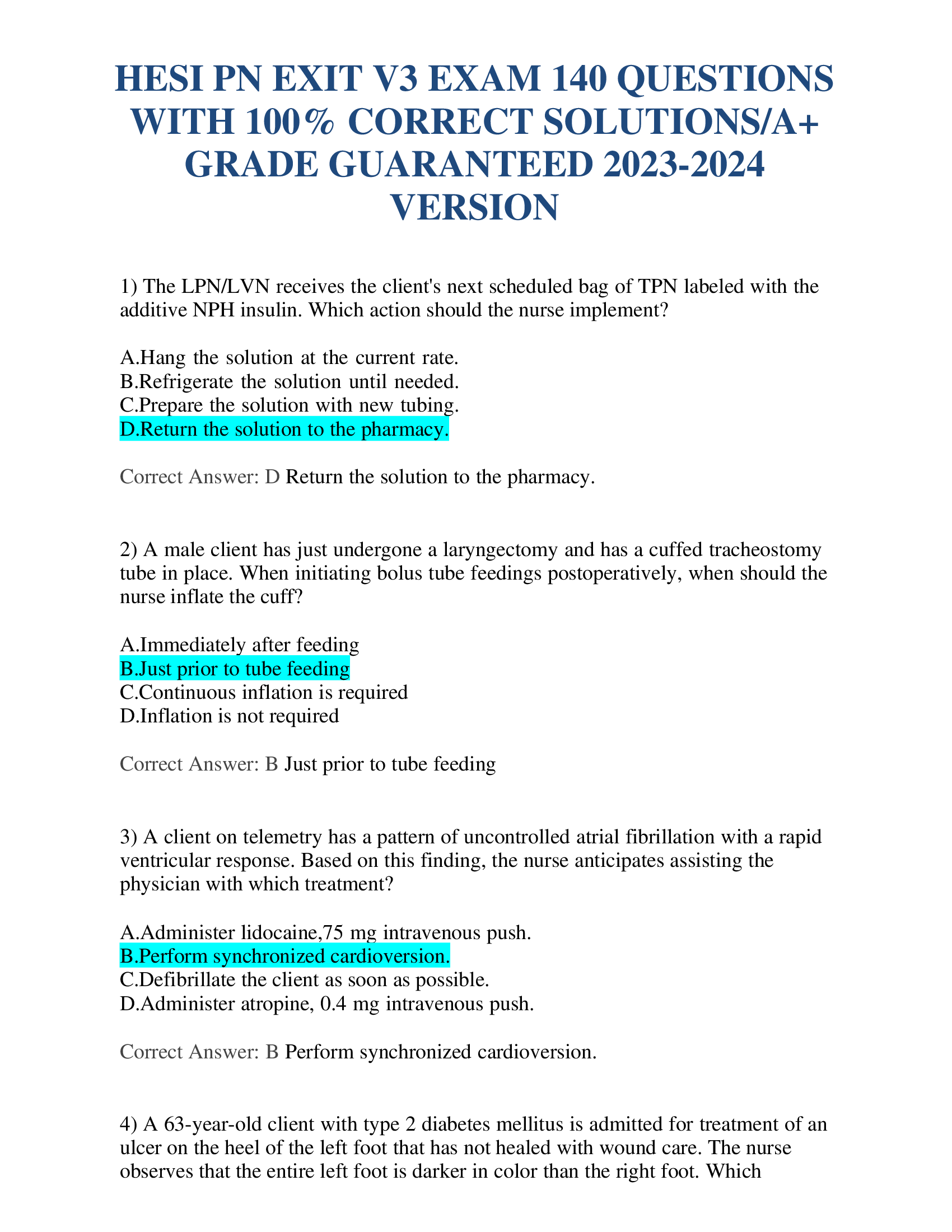 HESI PN EXIT V3 EXAM 140 QUESTIONS  WITH CORRECT SOLUTIONS A+  GRADE GUARANTEED 2023-2024  VERSION