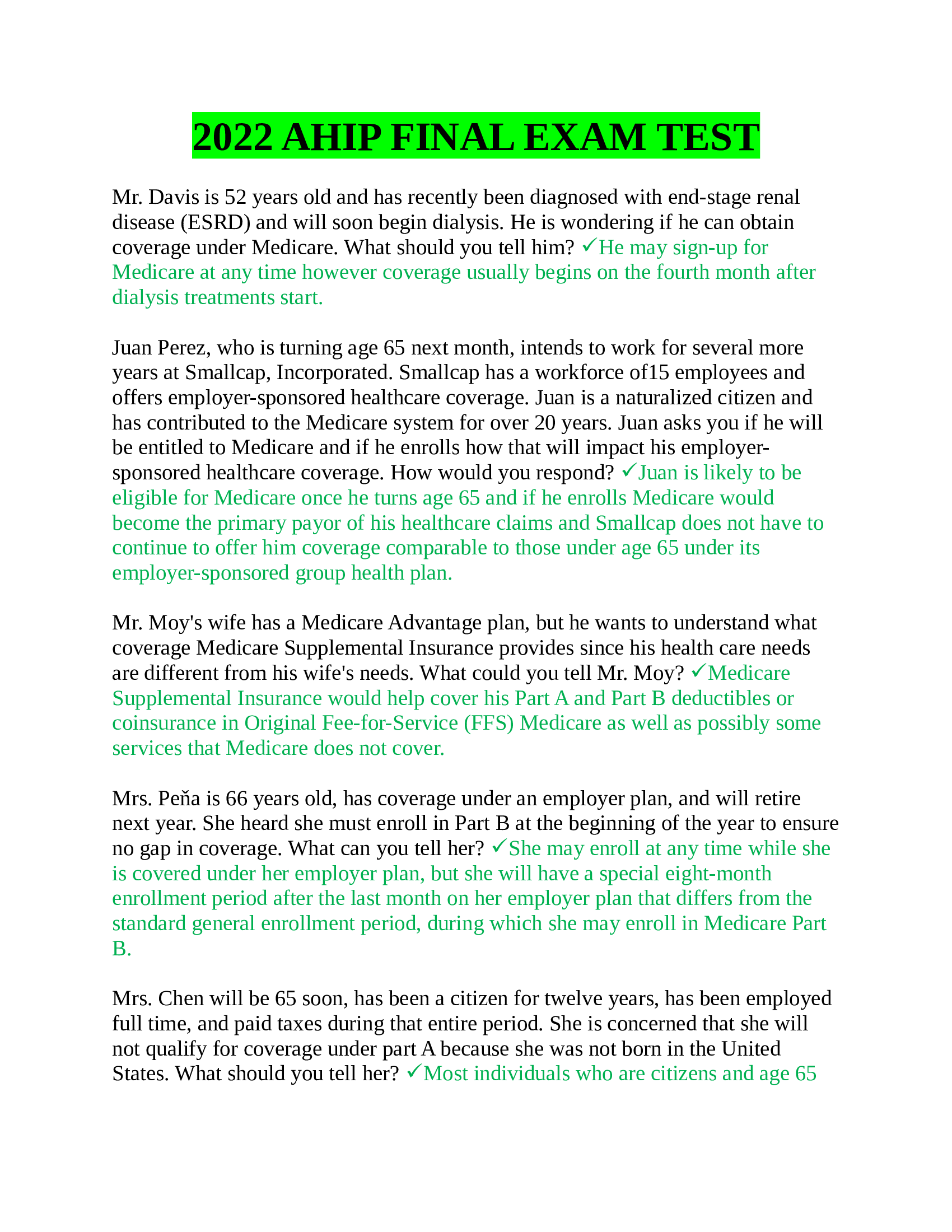 2022 AHIP FINAL EXAM TEST