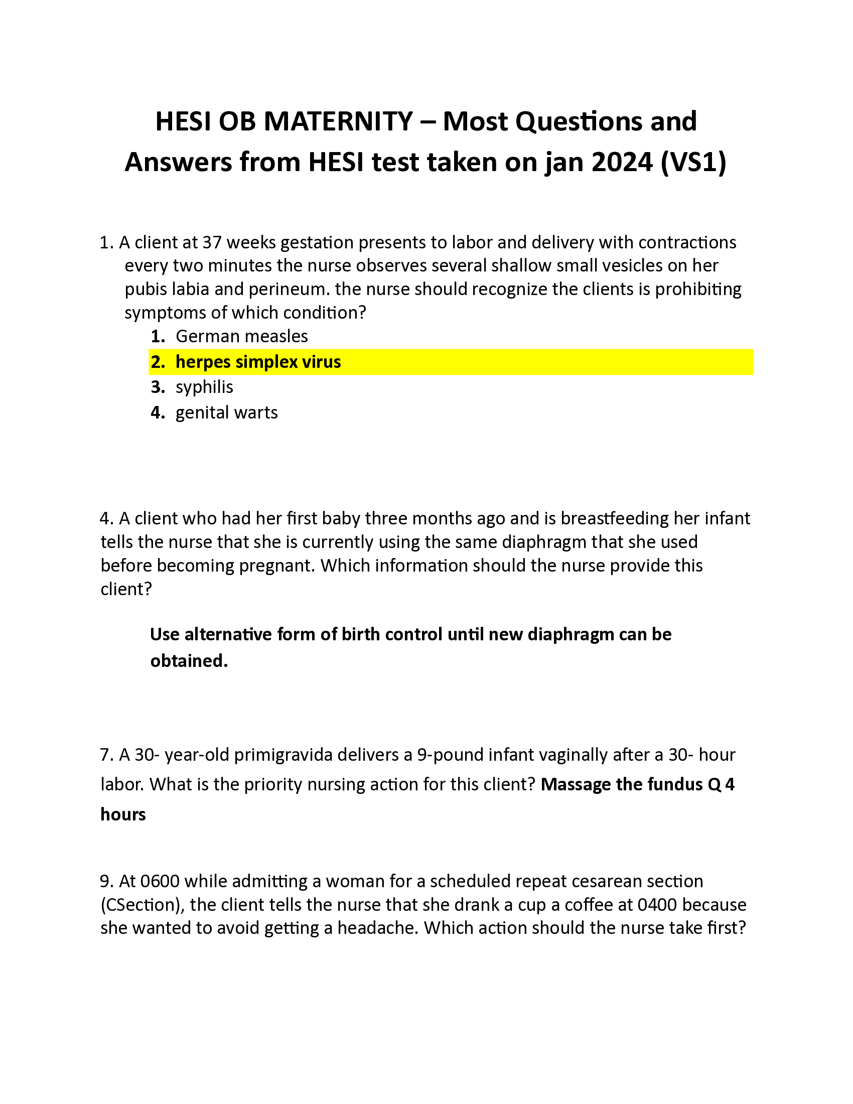 HESI OB MATERNITY – Most Questions and Answers from HESI test taken on jan 2024 (VS1)