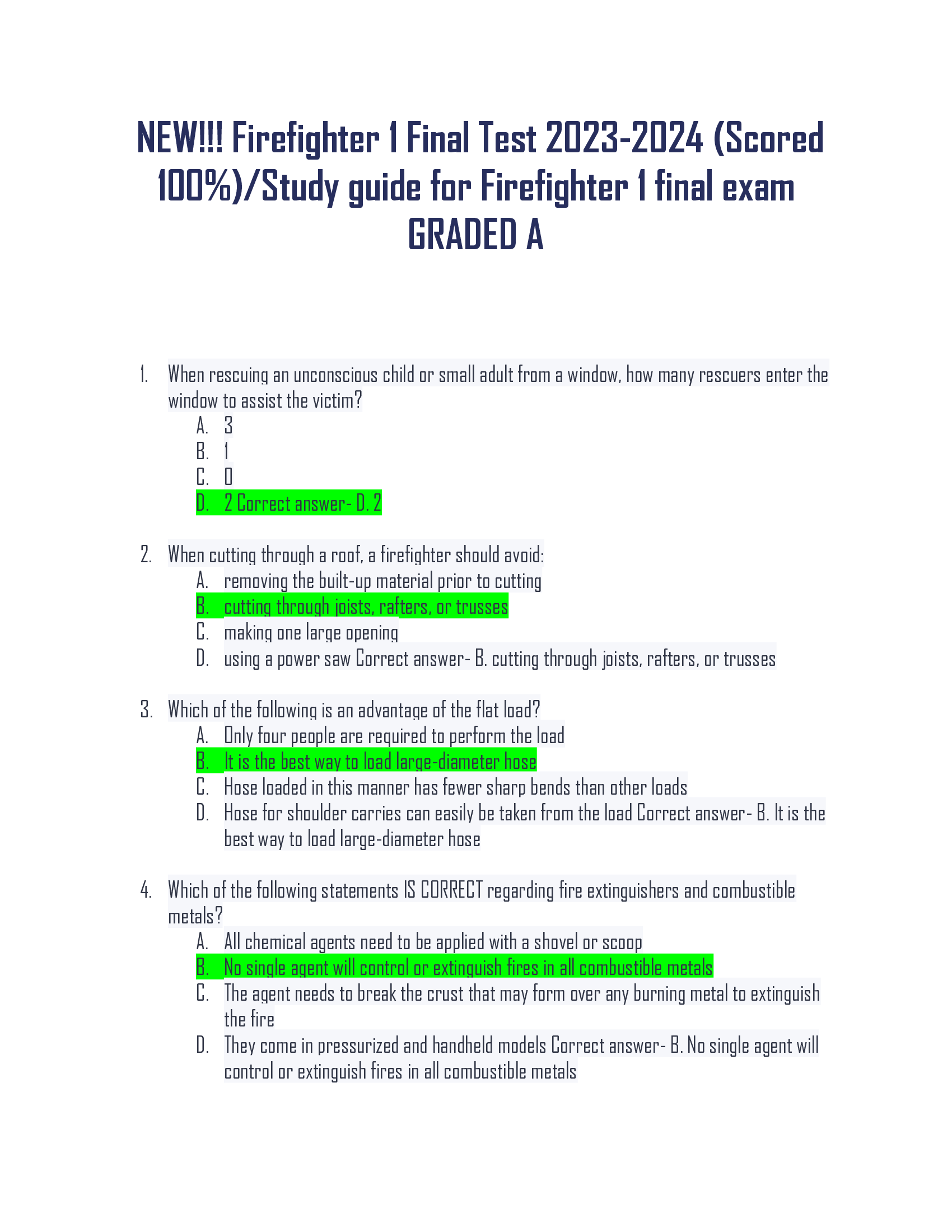 NEW!!! Firefighter 1 Final Test 2023-2024 Study guide for Firefighter 1 final exam
