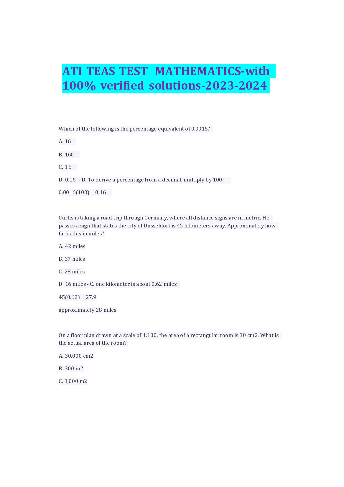 ATI TEAS TEST MATHEMATICS-with 100% verified solutions-2023-2024