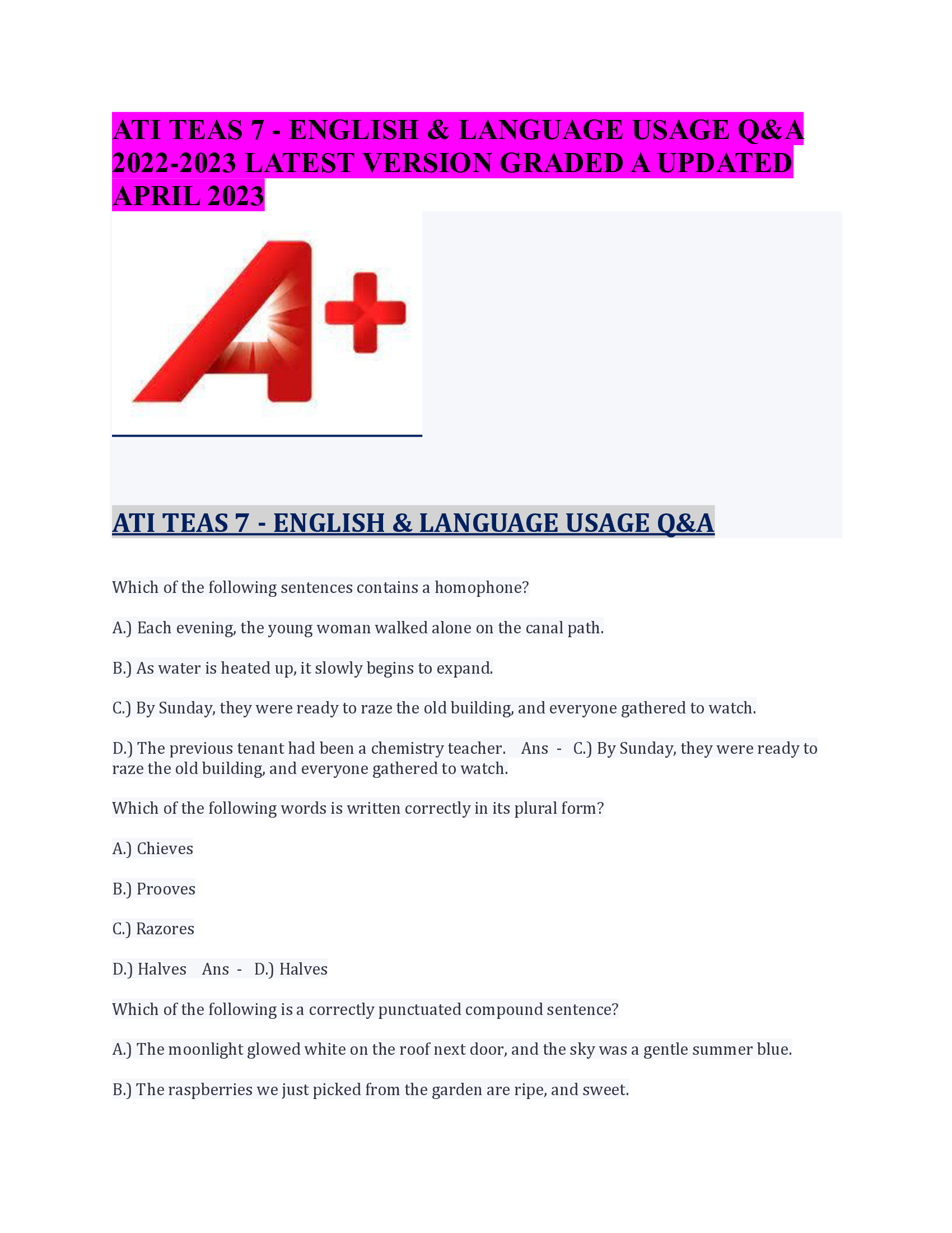 ATI TEAS 7 - ENGLISH & LANGUAGE USAGE Q&A  2022-2023 LATEST VERSION GRADED A UPDATED  APRIL 2023 ATI TEAS 7 - ENGLISH & LANGUAGE USAGE Q&A