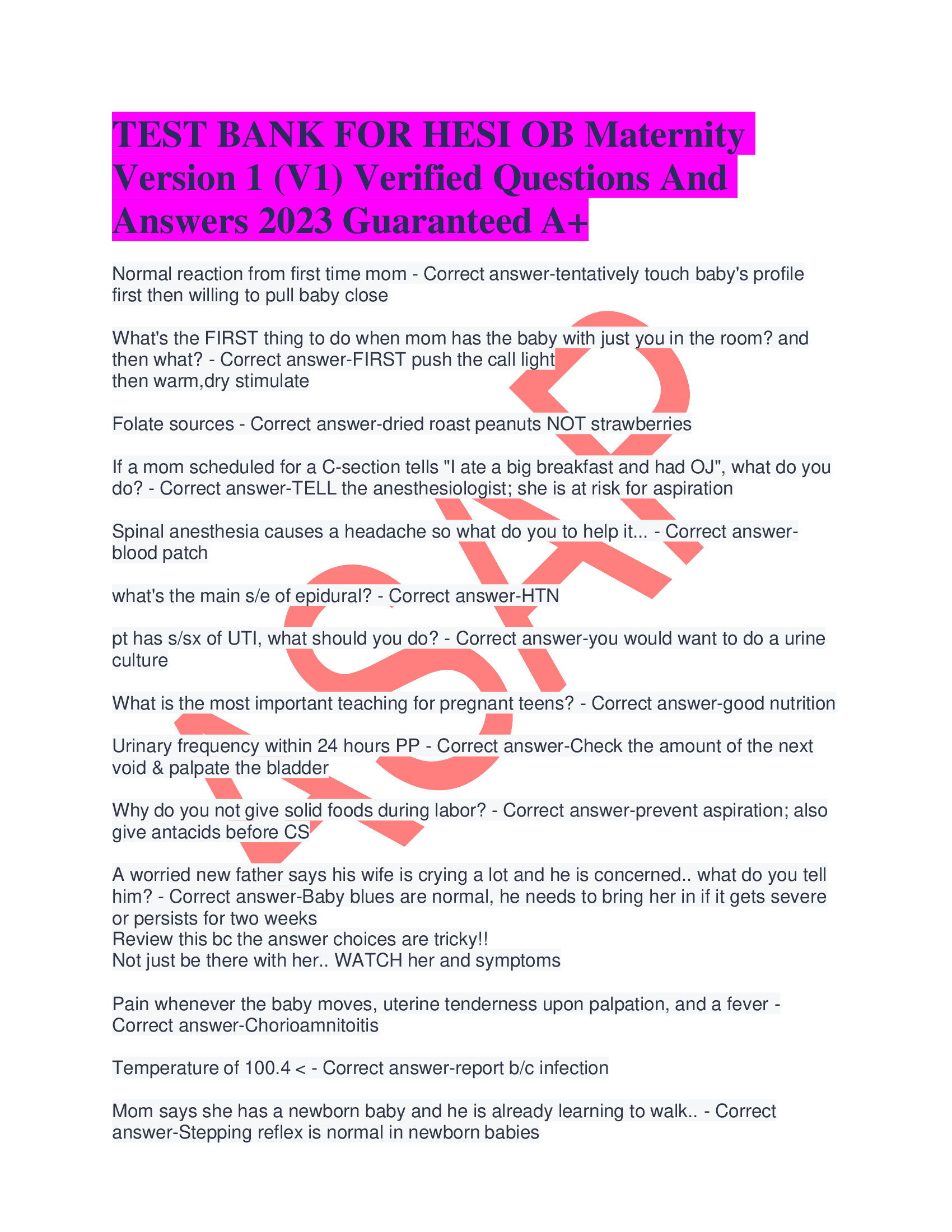 TEST BANK FOR HESI OB Maternity Version 1 (V1) Verified Questions And Answers 2023 Guaranteed A+