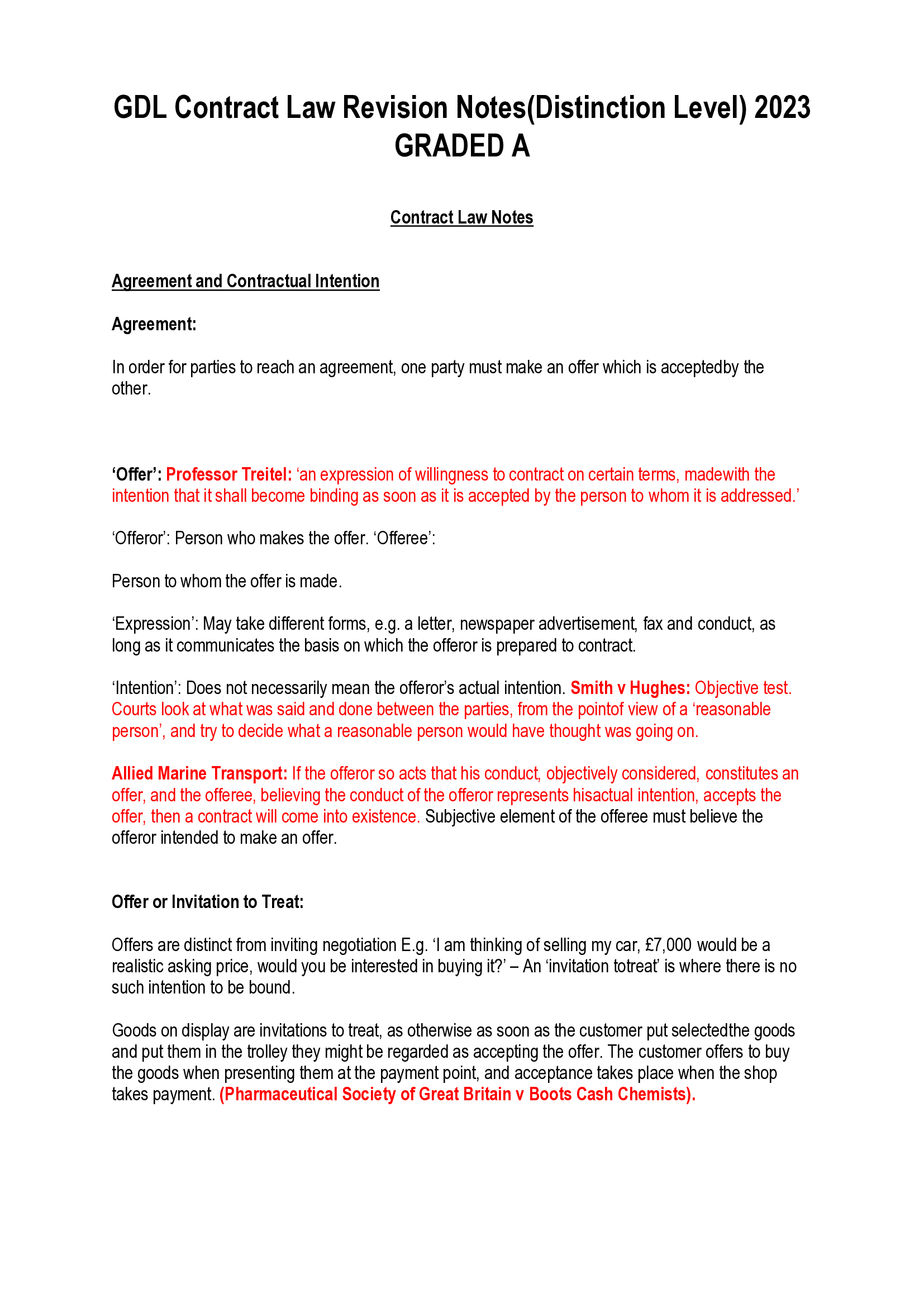 GDL Contract Law Revision Notes(Distinction Level) 2023  GRADED