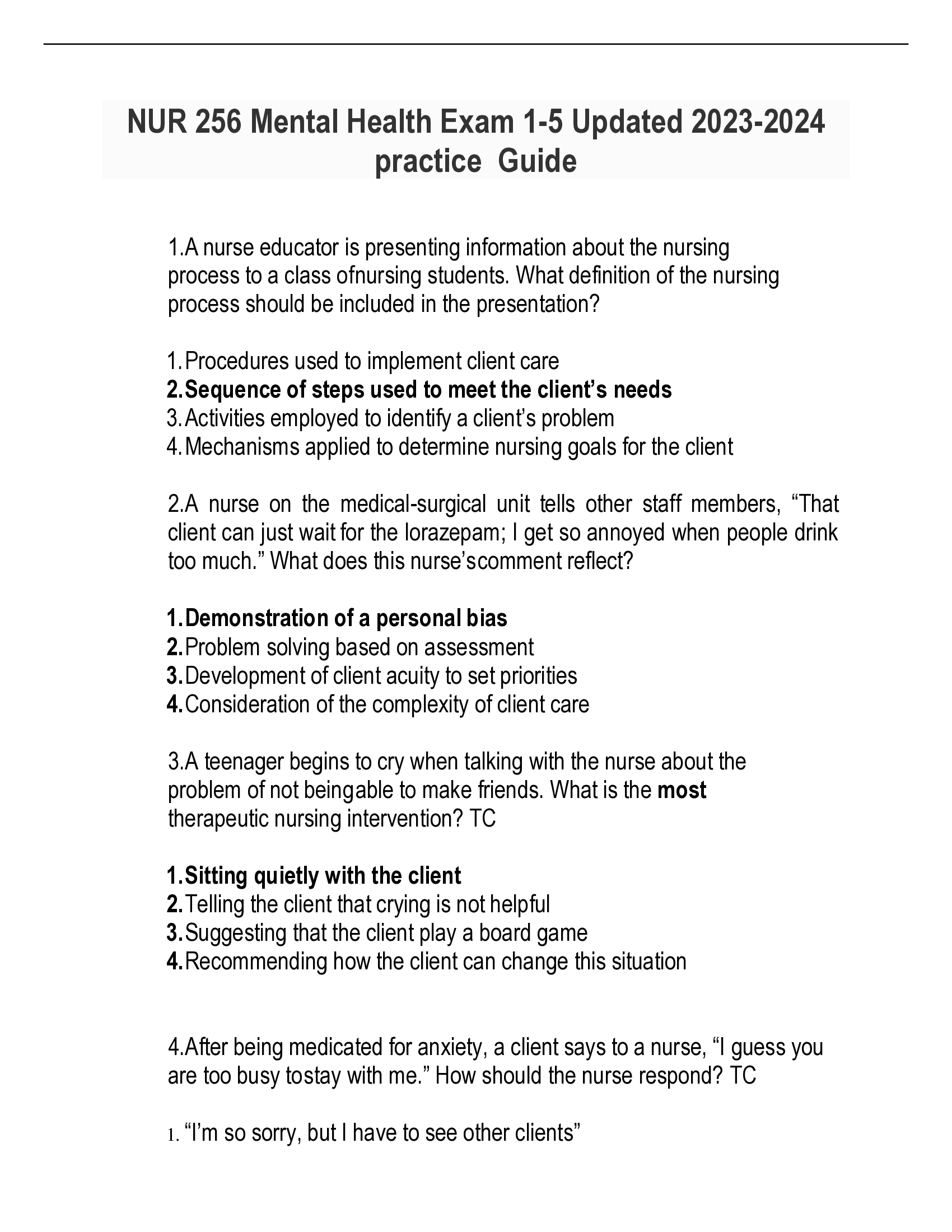 NUR 256 Mental Health Exam 1-5 Updated 2023-2024  practice Guid