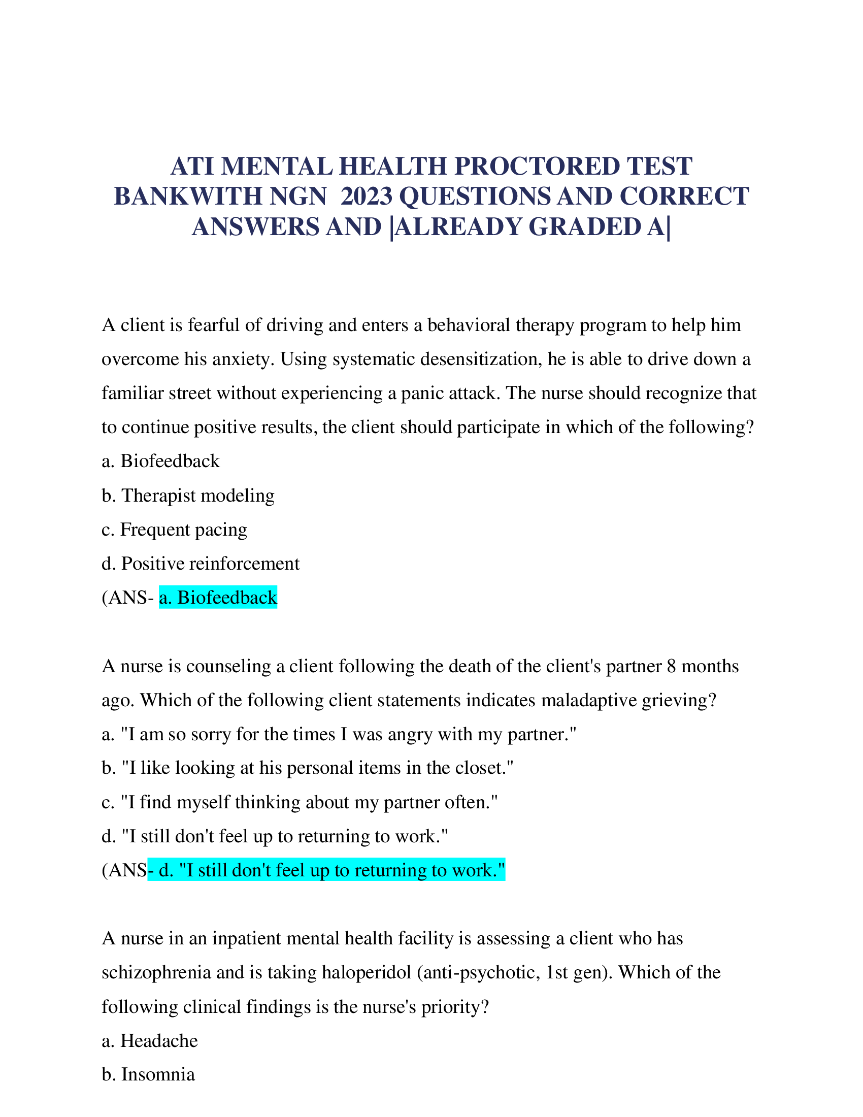 ATI MENTAL HEALTH PROCTORED TEST  BANKWITH NGN 2023 QUESTIONS AND CORRECT  ANSWERS AND |ALREADY GRADED A