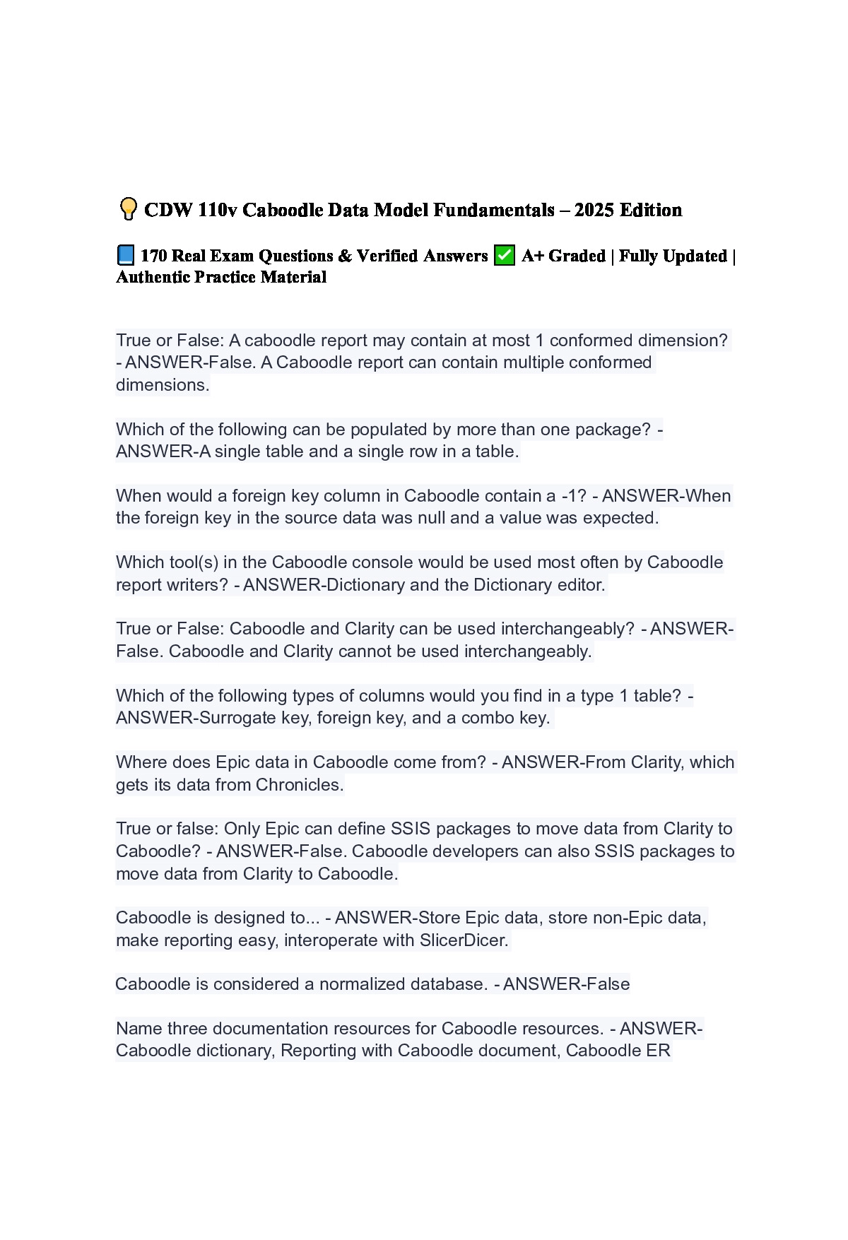 💡 CDW 110v Caboodle Data Model Fundamentals – 2026 Edition 📘 170 Real Exam Questions & Verified Answers ✅ A+ Graded | Fully Updated | Authentic Practice Material