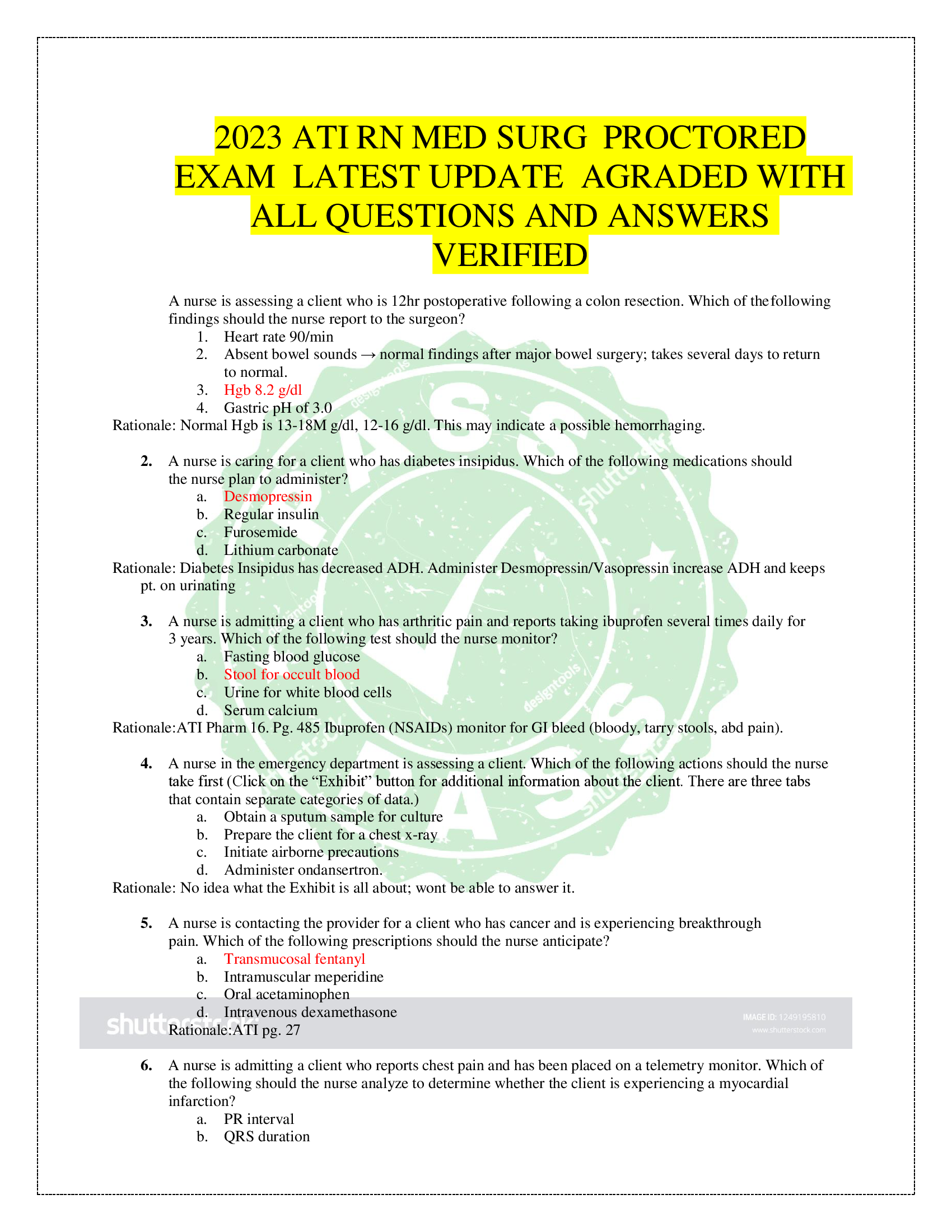 2023 ATI RN MED SURG PROCTORED EXAM LATEST UPDATE AGRADED WITH  ALL QUESTIONS AND ANSWERS  VERIFIE