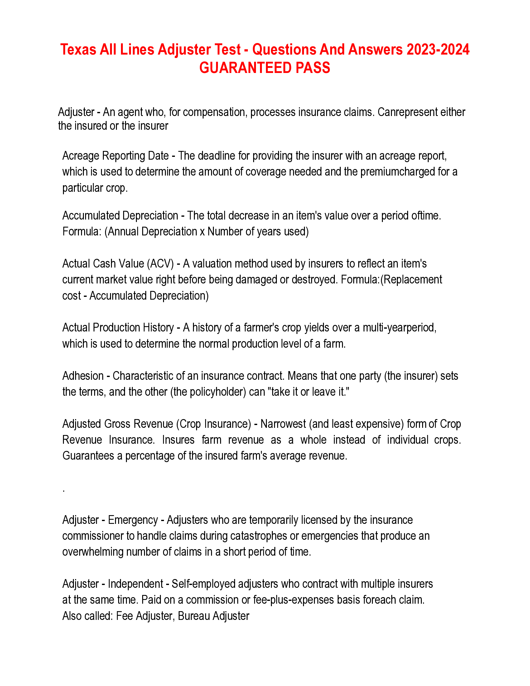 Texas All Lines Adjuster Test - Questions And Answers 2023-2024  GUARANTEED PASS