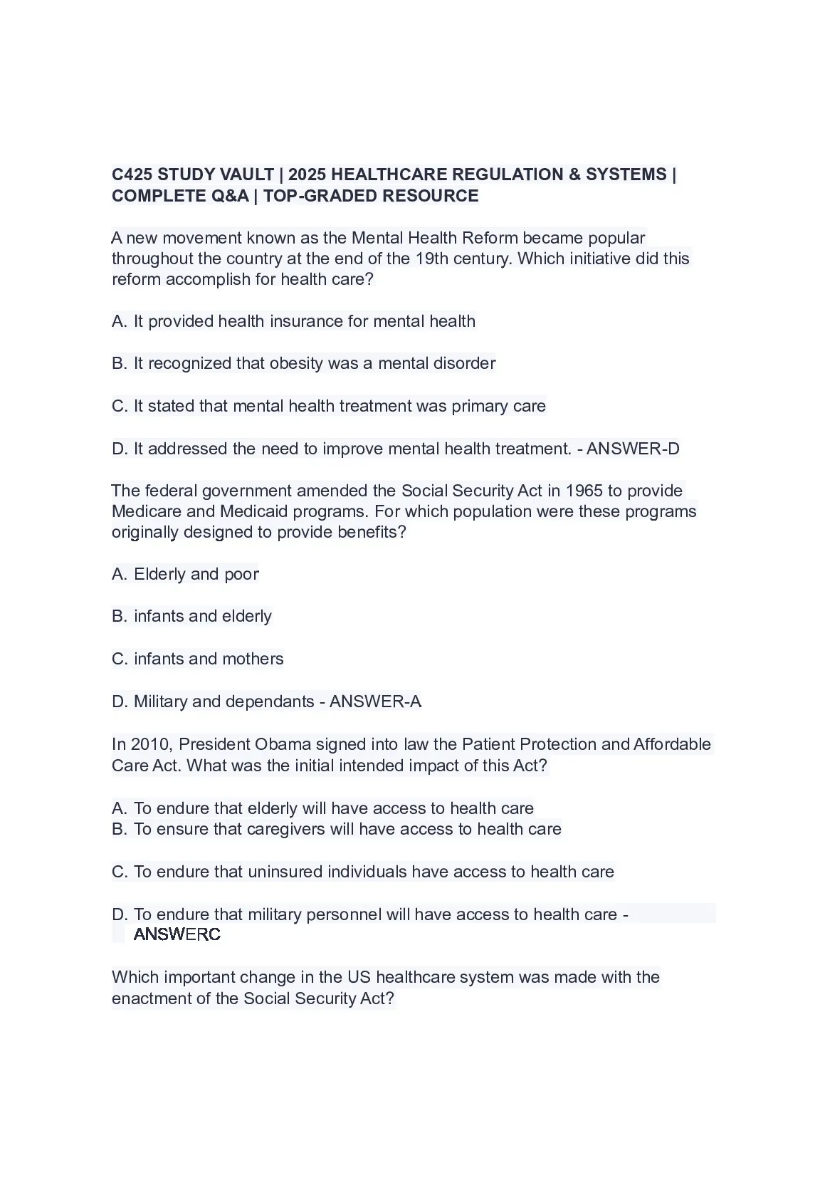 C425 STUDY VAULT | 2026 HEALTHCARE REGULATION & SYSTEMS | COMPLETE Q&A | TOP-GRADED RESOURCE
