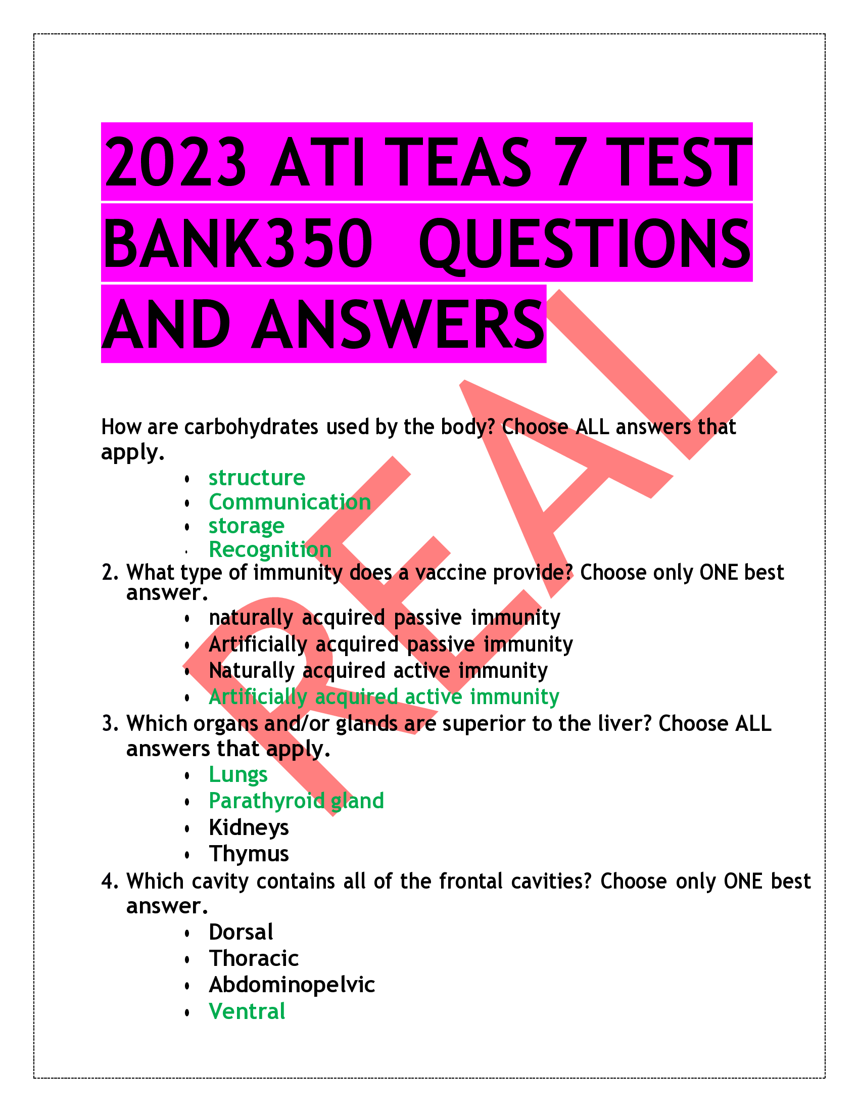 2023 ATI TEAS 7 TEST BANK350 QUESTIONS AND ANSWERS