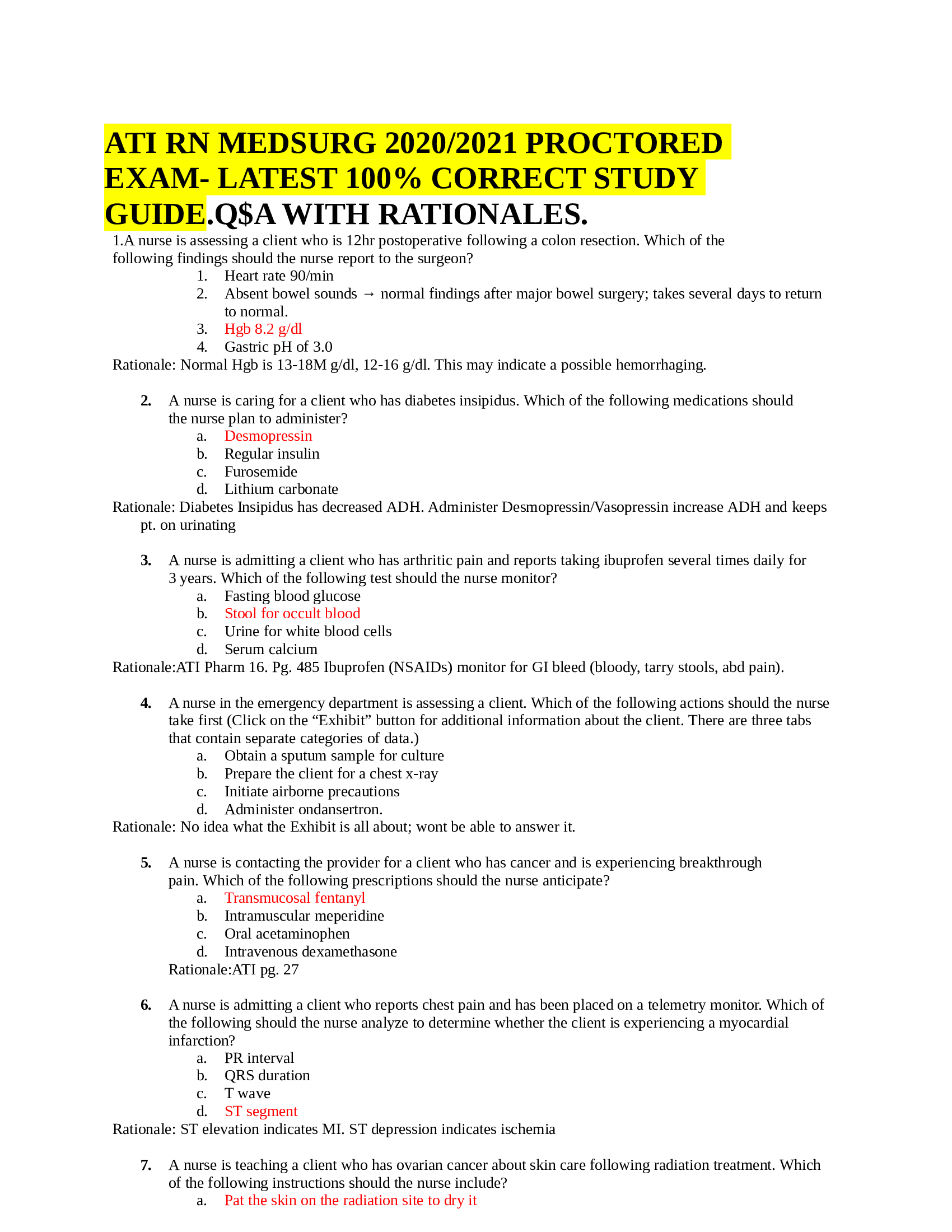 TI RN MEDSURG 2020, 2021 PROCTORED  EXAM- LATEST 100 Percent CORRECT STUDY  GUIDE.Q & A WITH RATIONALES