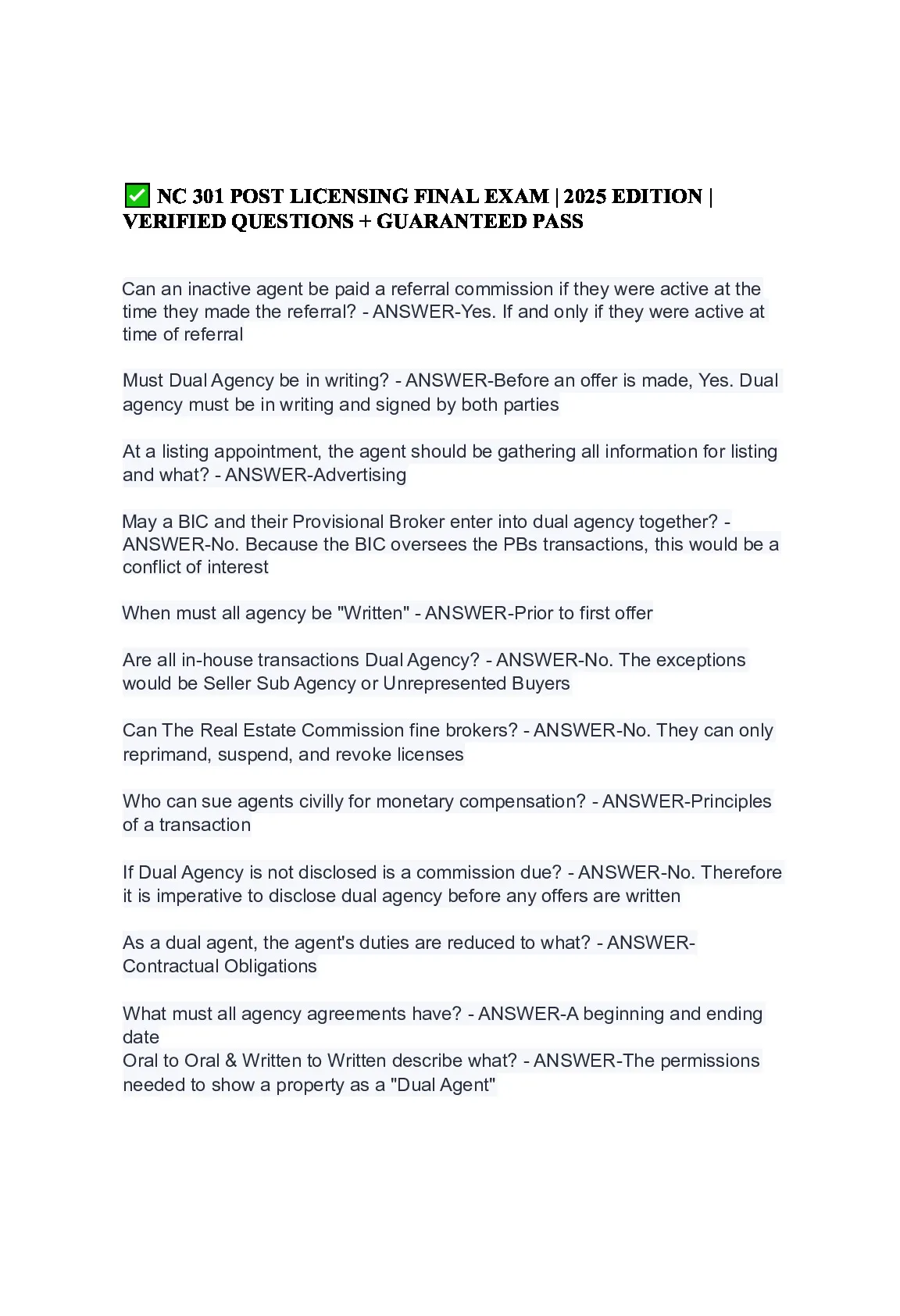 ✅ NC 301 POST LICENSING FINAL EXAM | 2026 EDITION | VERIFIED QUESTIONS + GUARANTEED PASS