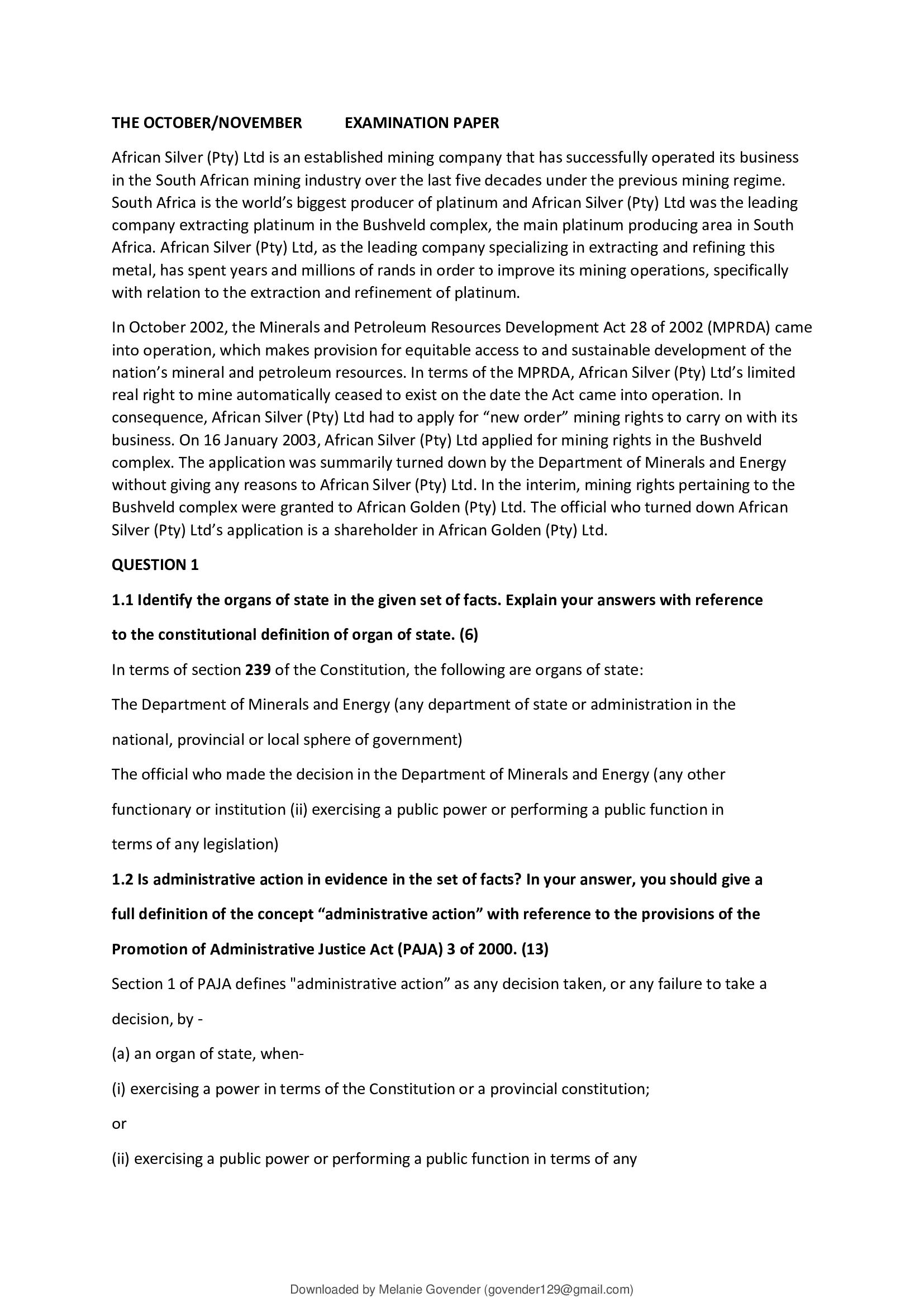 PVL2601 - Exam Papers and Memos