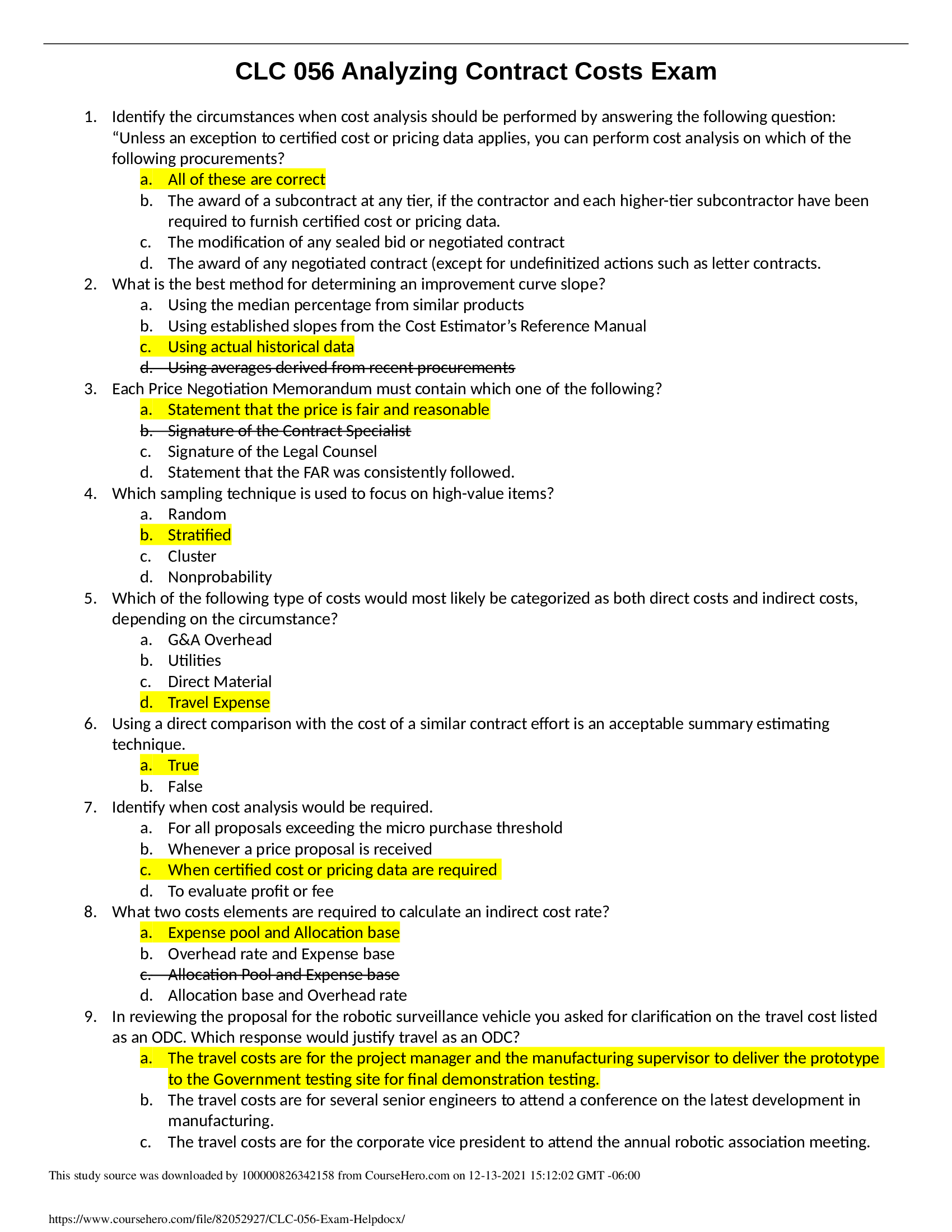 CLC 056 Exam questions and answers Analyzing Contract Costs Exam Latest 2023