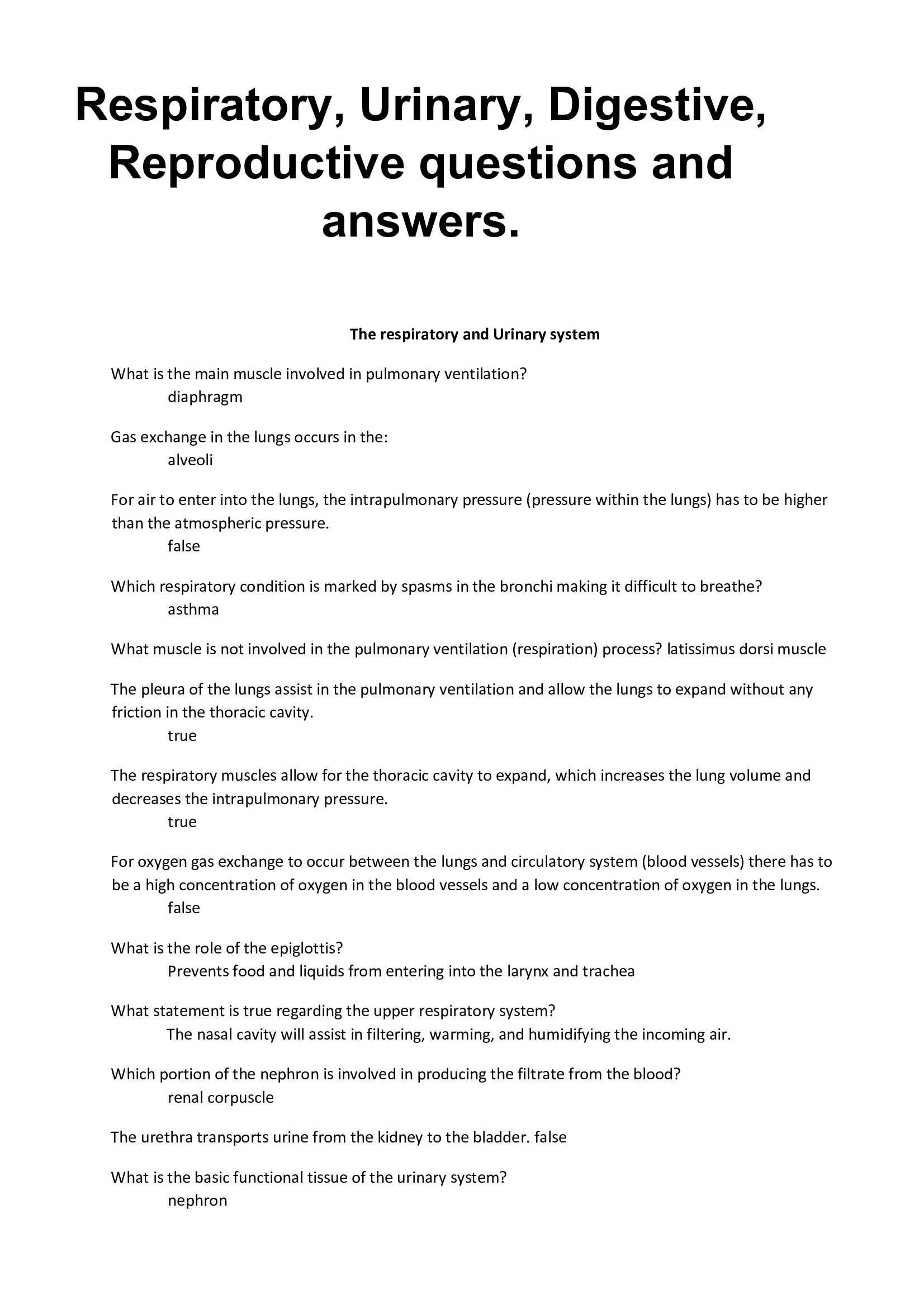 Respiratory, Urinary, Digestive, Reproductive questions and answers.