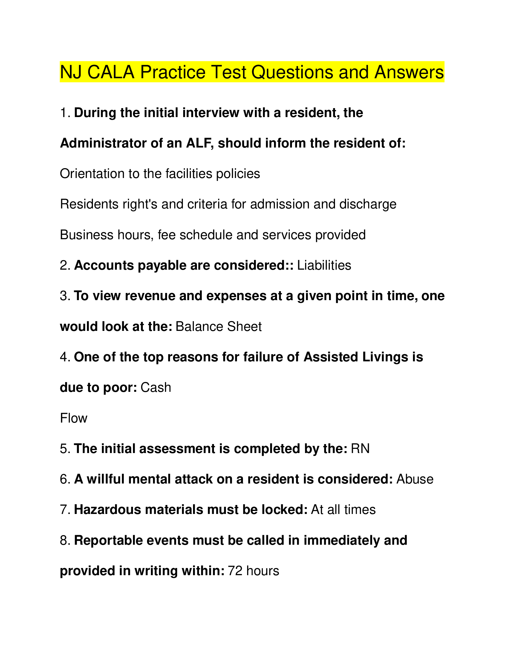 NJ CALA Practice Test Questions and Answers