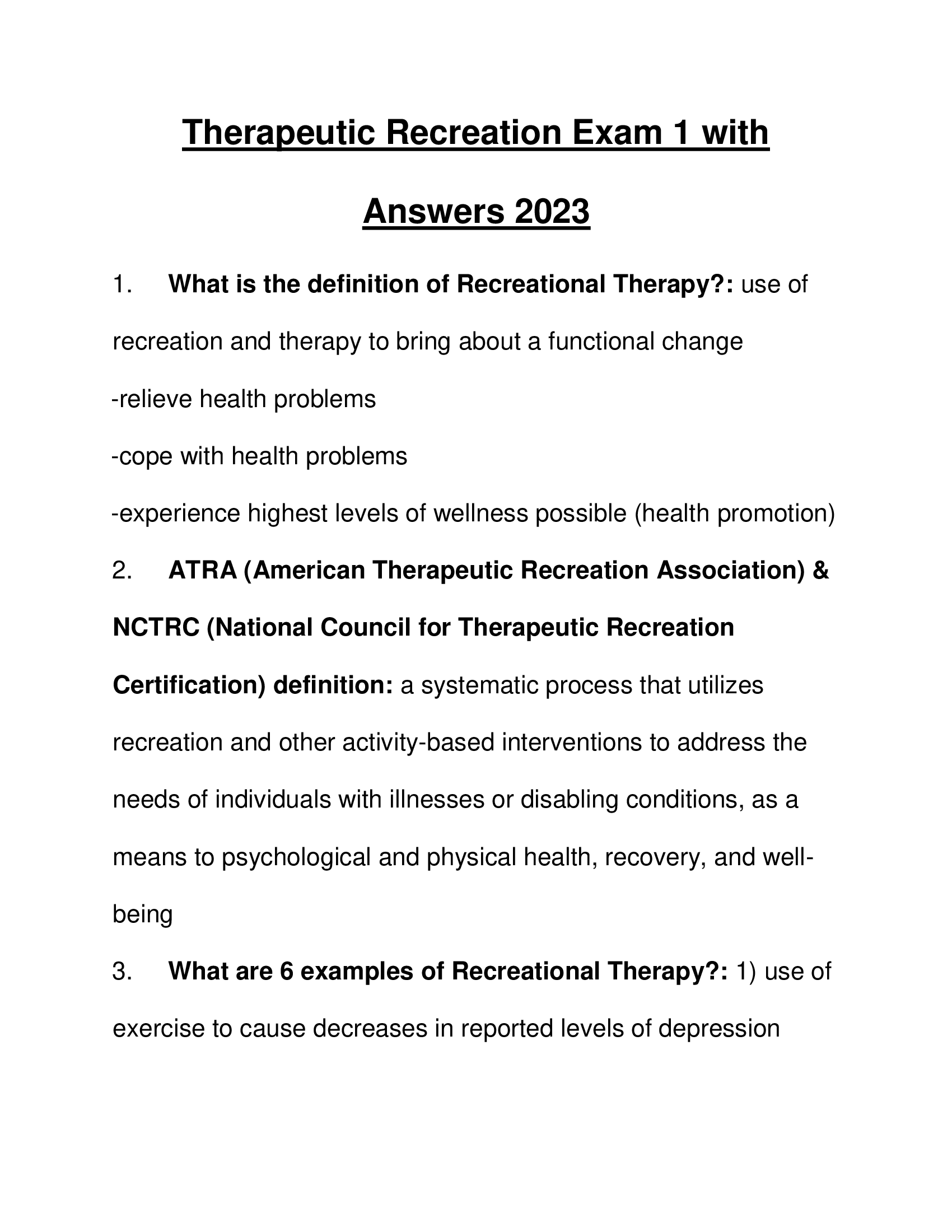 Therapeutic Recreation Exam 1 with Answers 2023