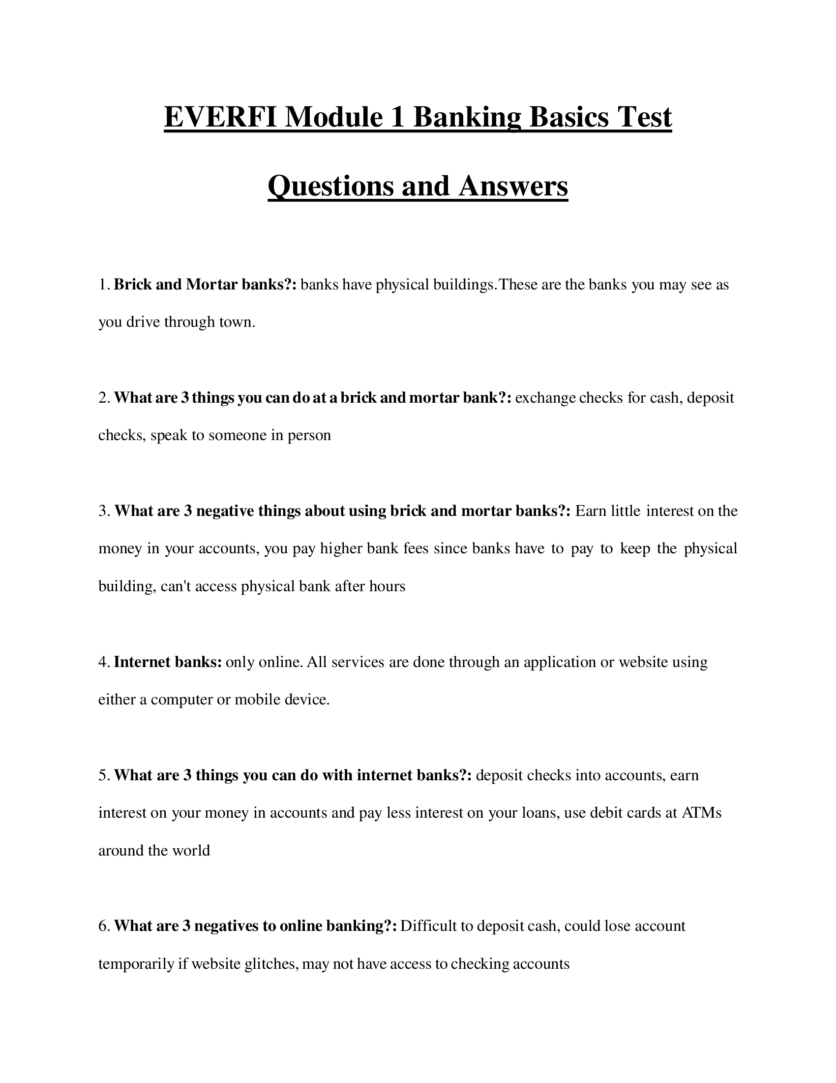 EVERFI Module 1 Banking Basics Test Questions and Answers