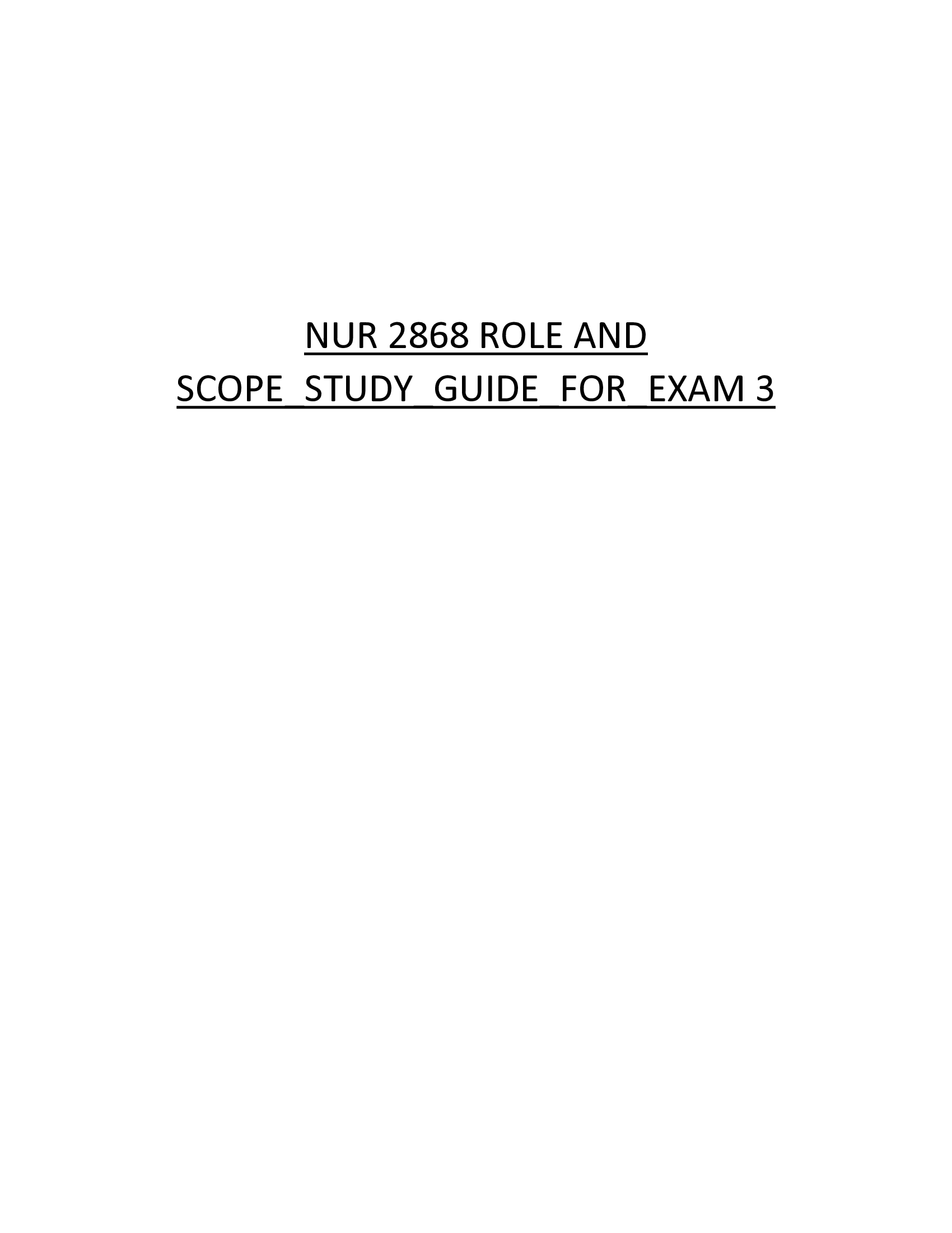 NUR 2868 ROLE AND SCOPE STUDY GUIDE FOR EXAM 3