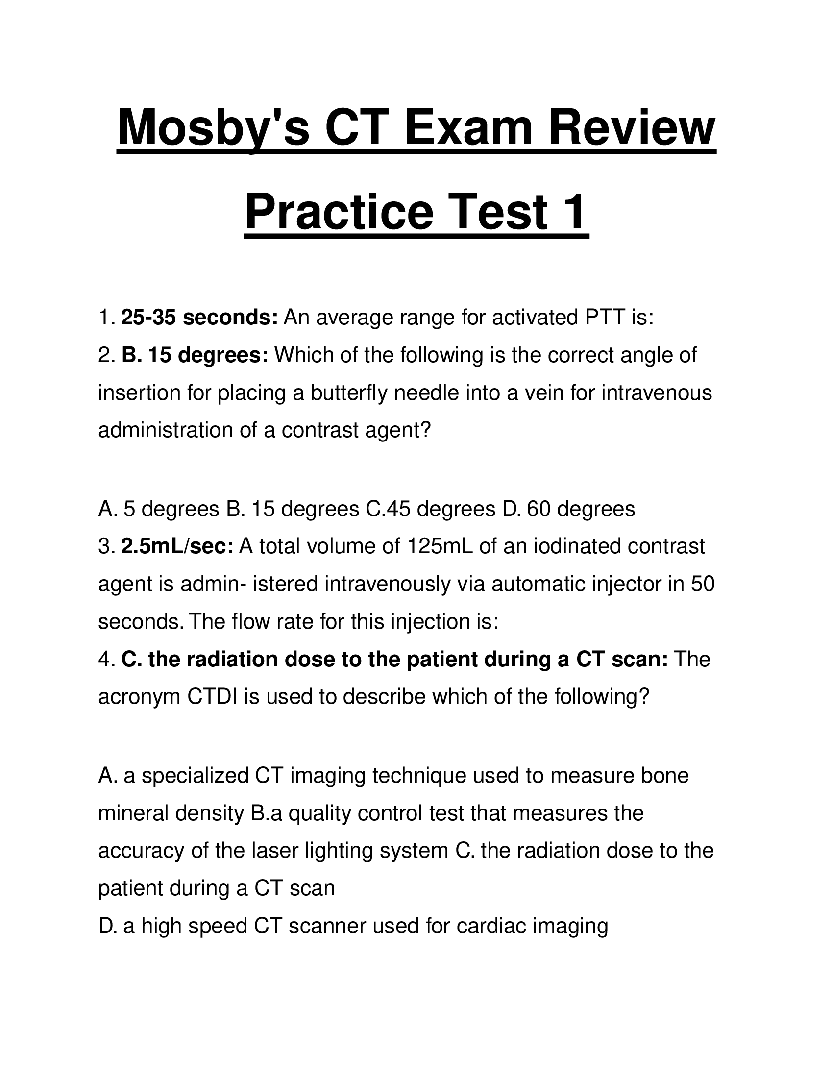 Mosby's CT Exam Review Practice Test 1 Questions and Answers 2024