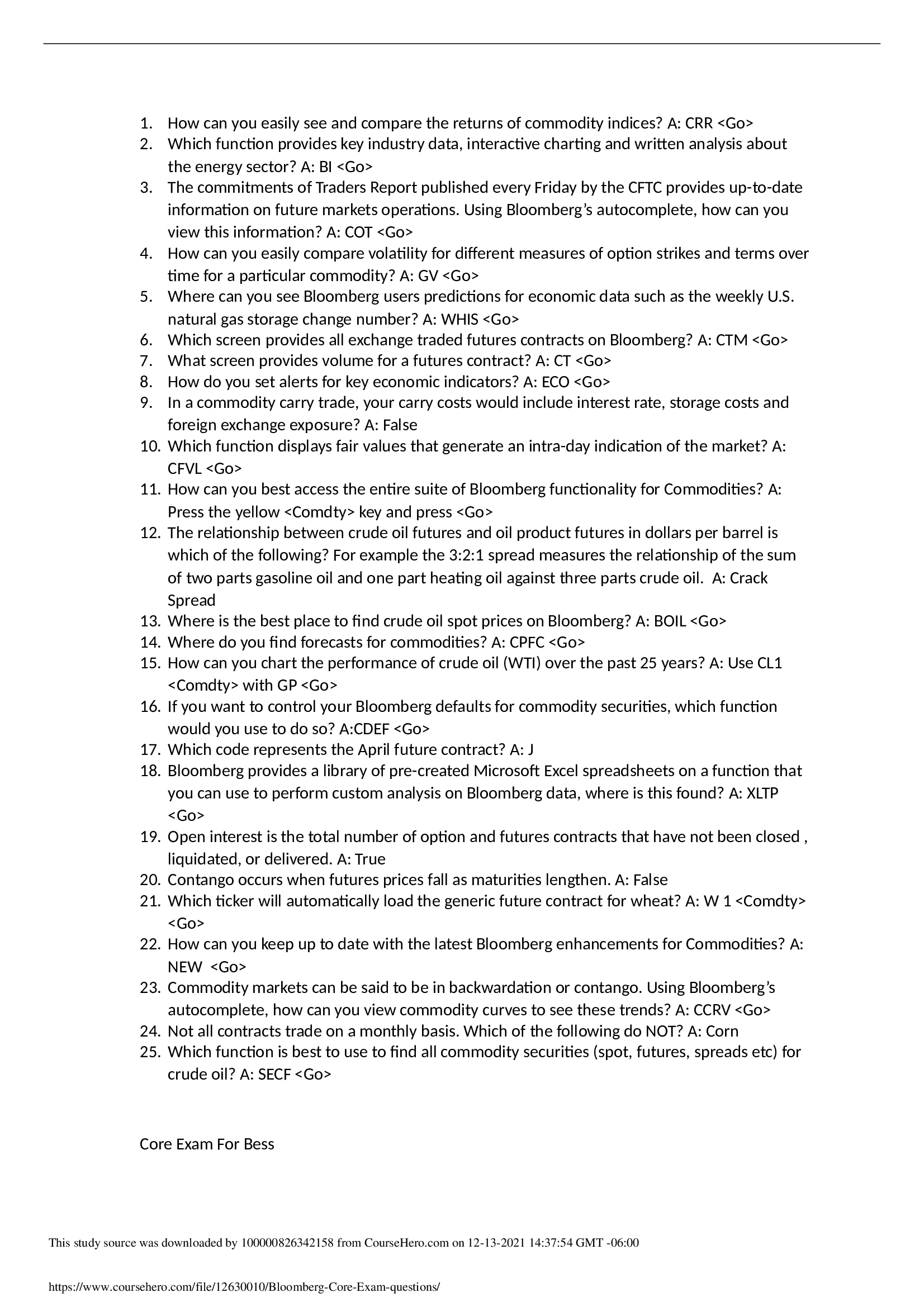 Bloomberg Core Exam questions (Exam Predictor)