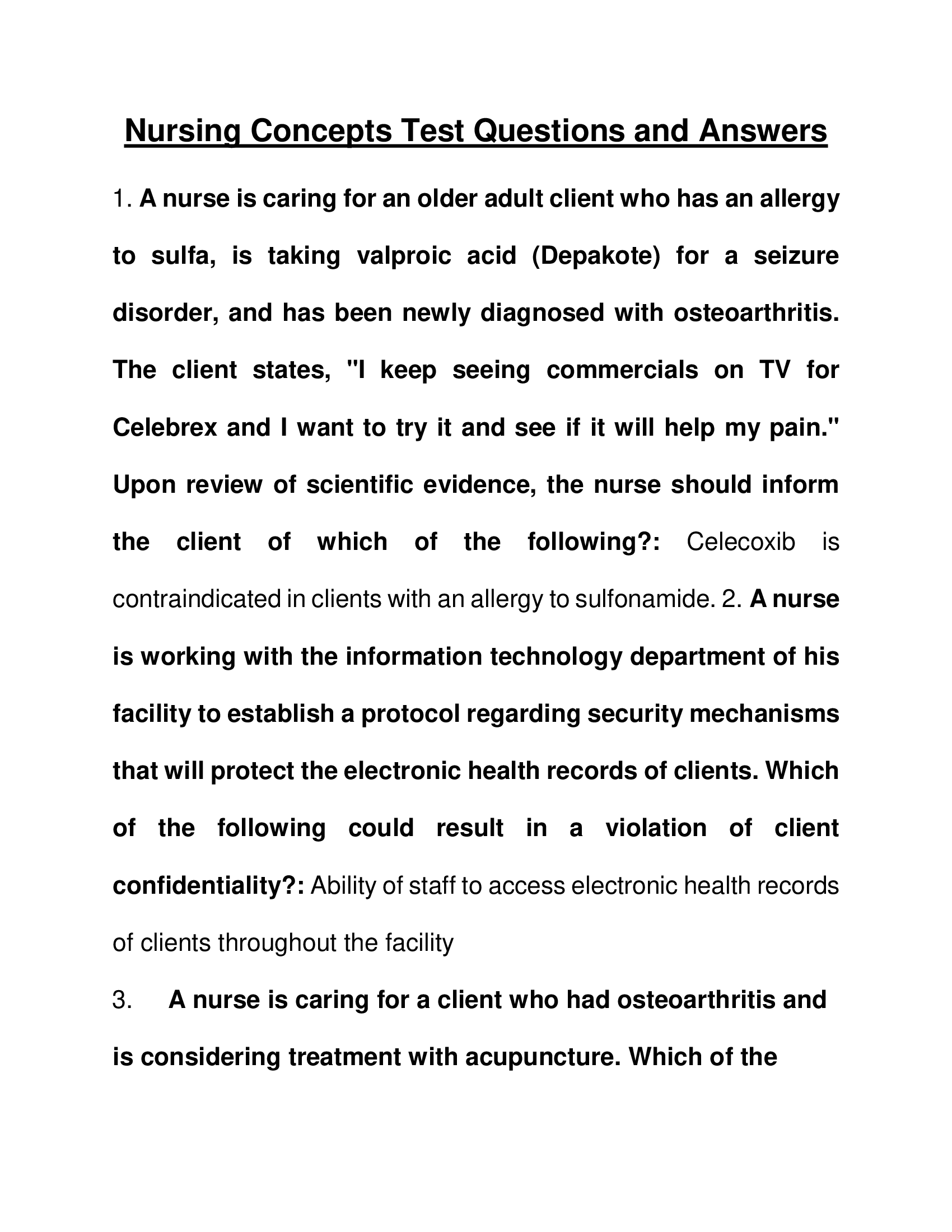 Nursing Concepts Test Questions and Answers 2023