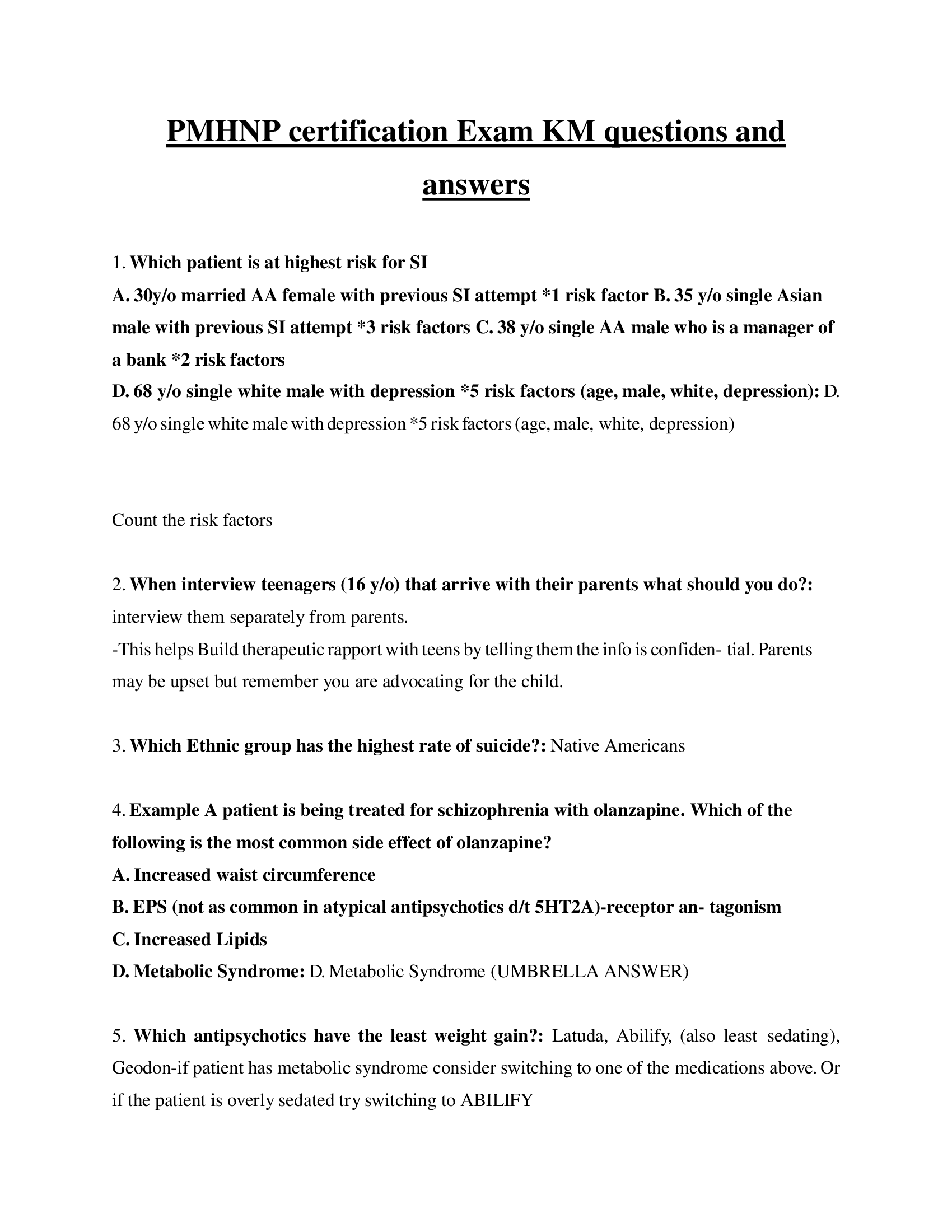 PMHNP certification Exam KM questions and answers