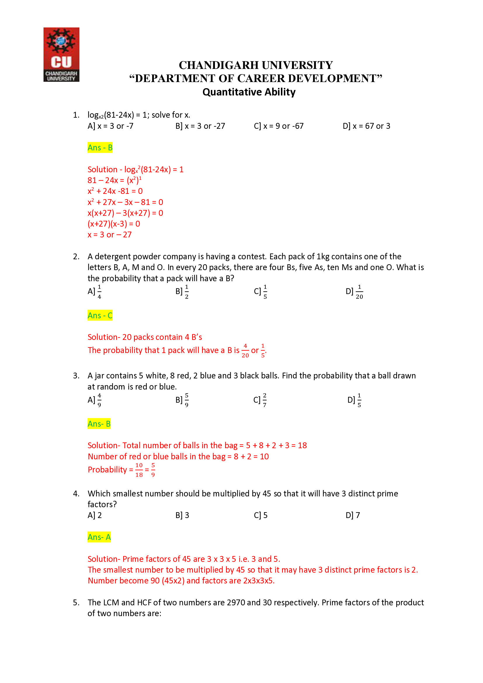 Mock AMCAT Quant CHANDIGARH UNIVERSITY “DEPARTMENT OF CAREER DEVELOPMENT” Quantitative Ability